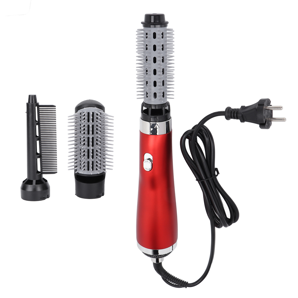 Roter Haarstyler mit drei Aufsätzen und einem schwarzen Netzkabel.