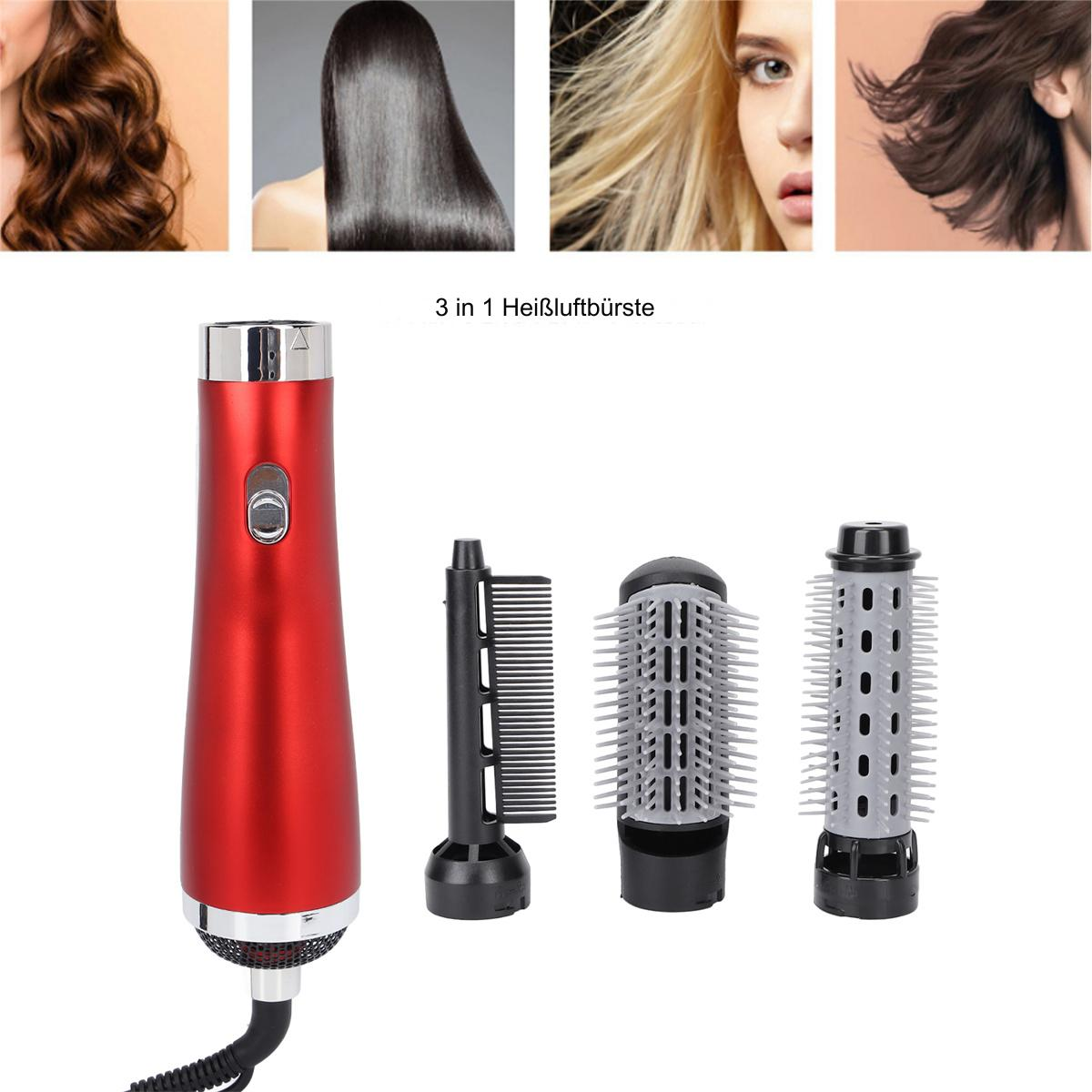 Ein roter Haartrockner mit drei austauschbaren Köpfen und Haarproben. Der Föhn hat ein schwarzes Kabel.