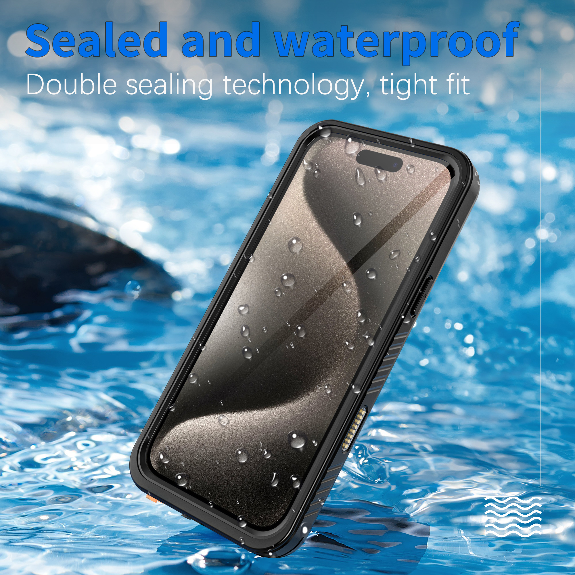Smartphone in wasserdichtem Gehäuse. Wassertropfen auf dem Bildschirm.