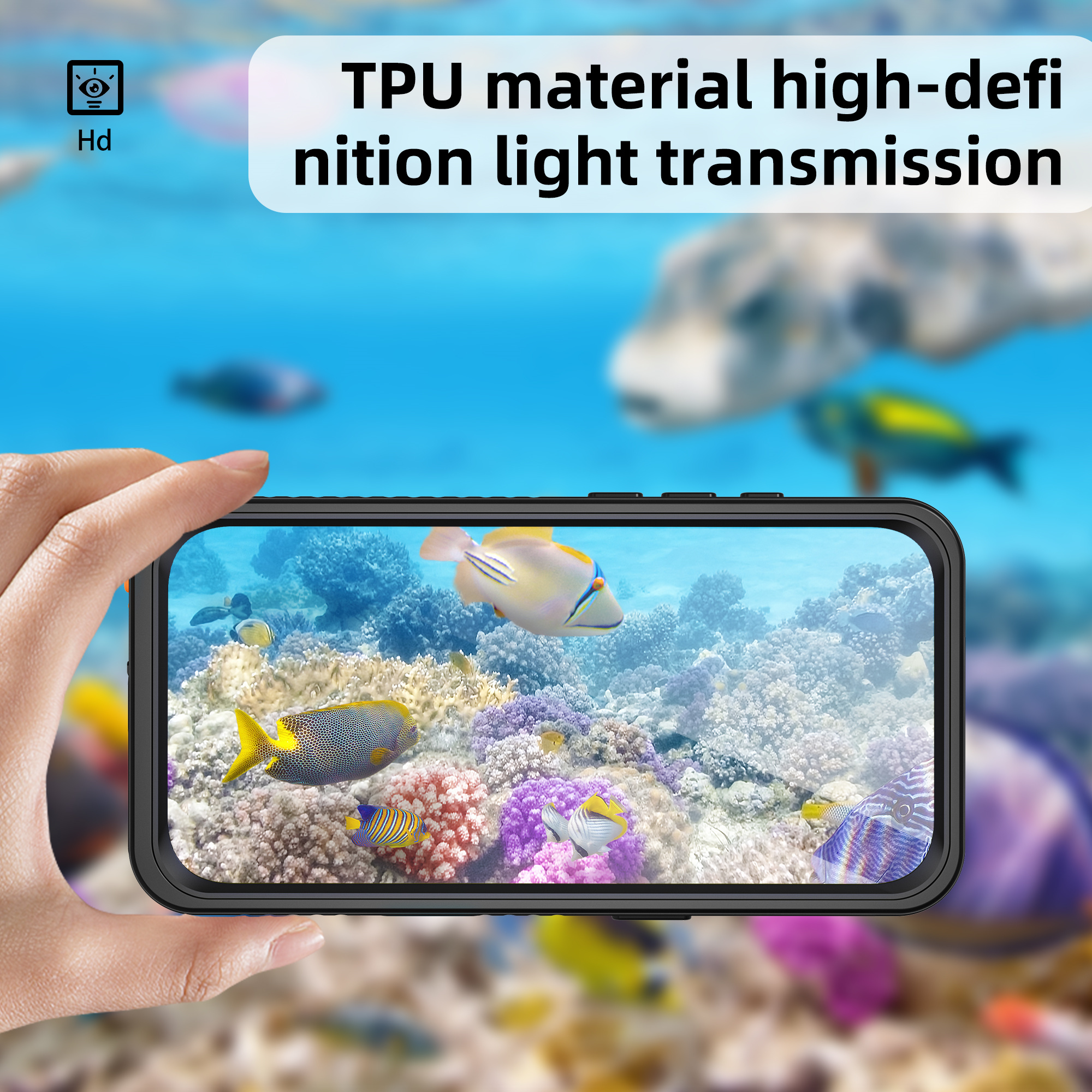 Eine Hand, die ein Telefon hält, das eine Unterwasserszene mit Fischen zeigt. Text: HD. Blauer Hintergrund.