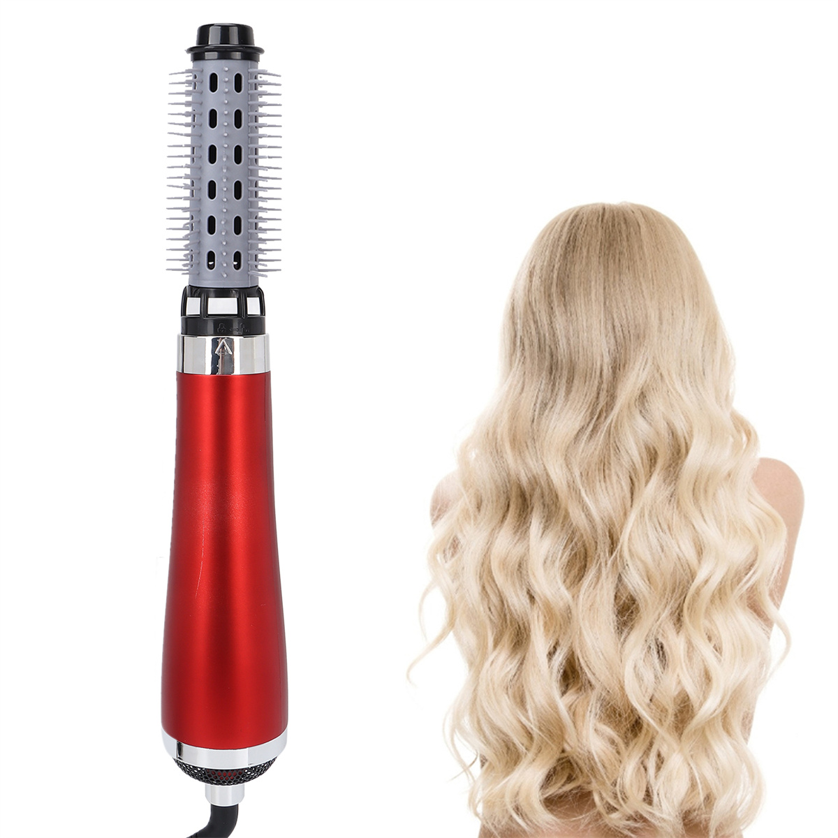 Haarstylingbürste und Frau mit langem, gewelltem blondem Haar.