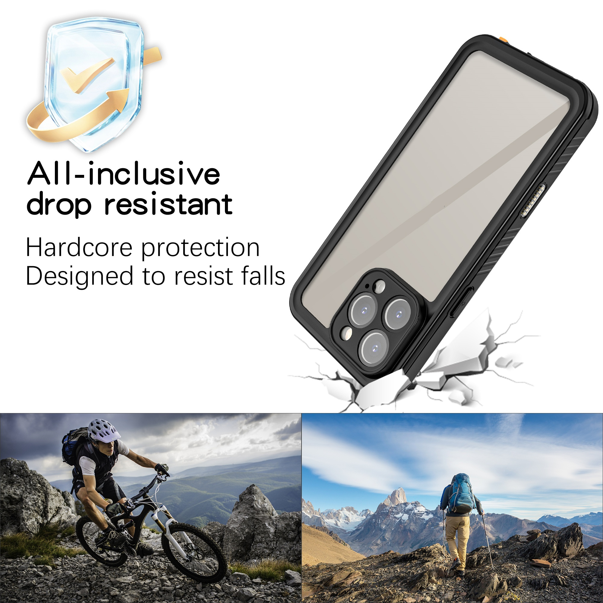 Schützende Handyhülle mit Bildern eines Mountainbikers und Wanderers.