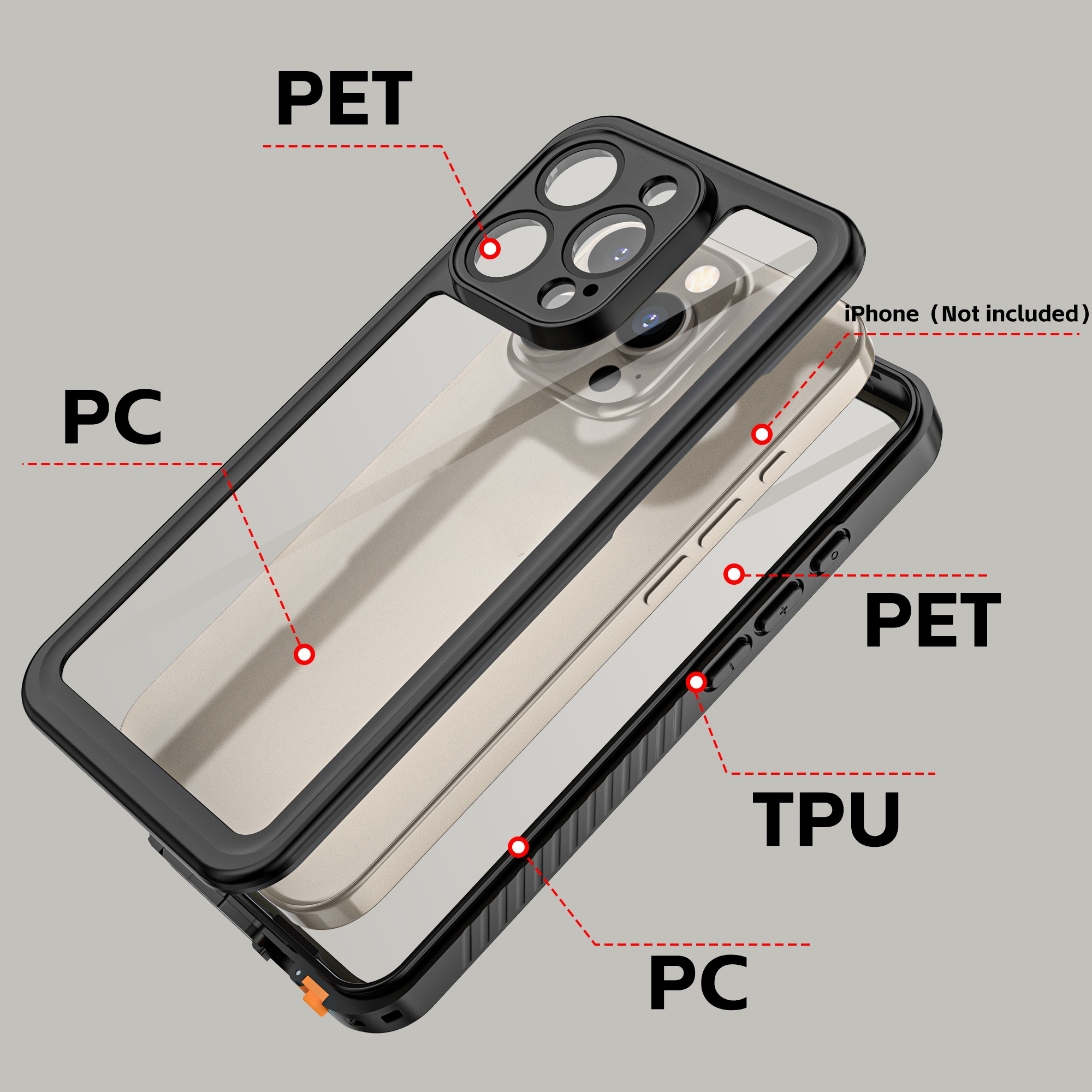 iPhone-Hülle Explosionsansicht, transparente Rückseite, schwarzer Rahmen, PET- und TPU-Komponenten, grauer Hintergrund.