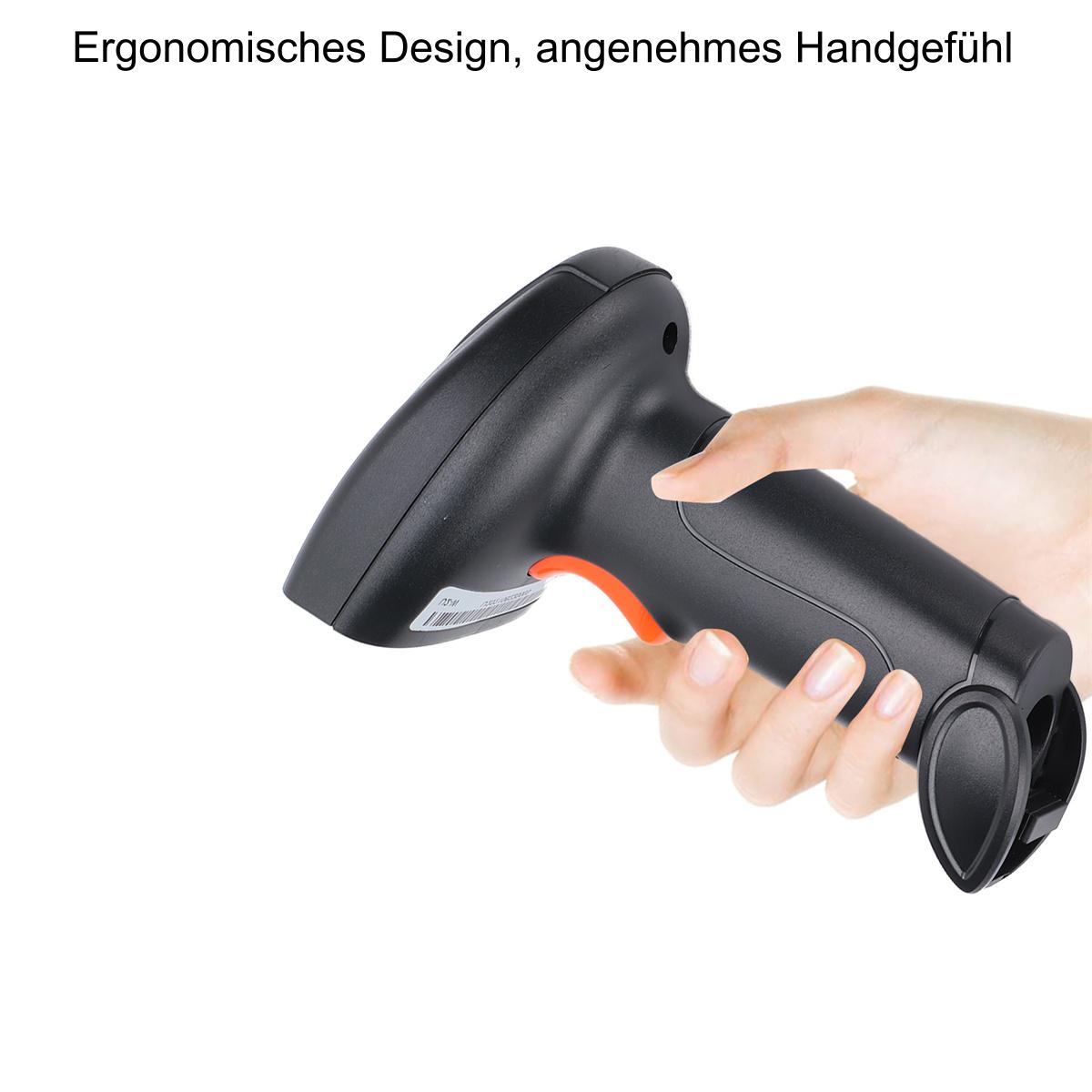Ein schwarzer Barcode-Scanner mit orangefarbener Taste wird von einer Hand gehalten.