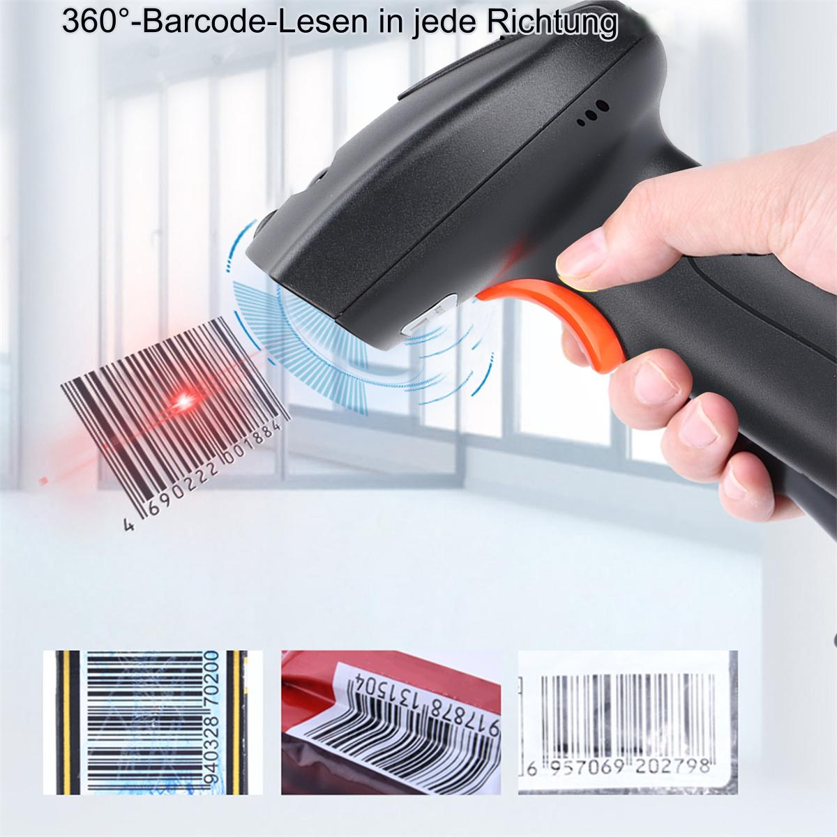 Eine Hand hält einen schwarzen Barcode-Scanner und scannt Barcodes. Drei Beispiel-Barcodes sind unten.