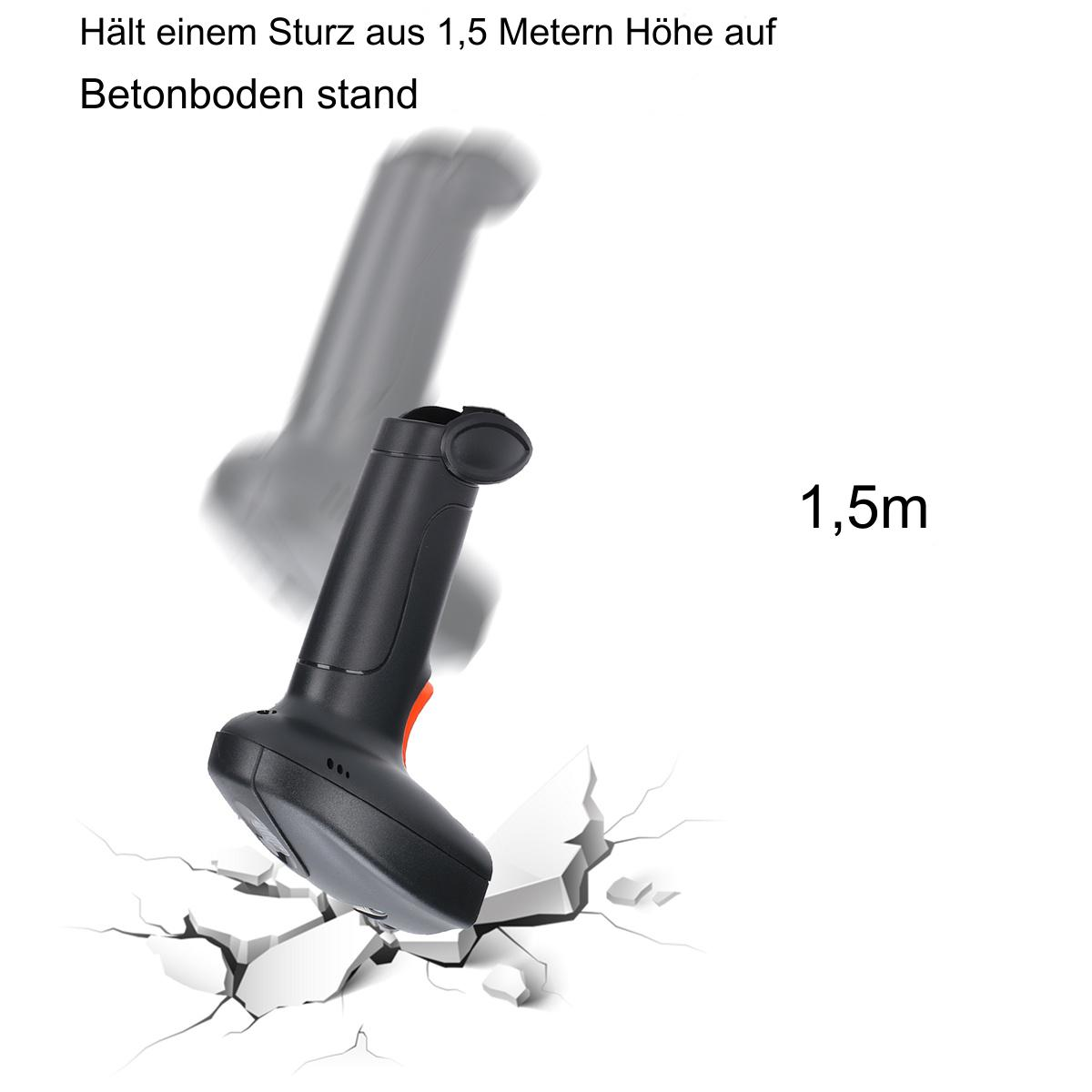 Ein schwarzer Barcode-Scanner fällt auf eine zerbrochene Oberfläche. Der Text gibt an, dass er einen Sturz aus 1,5 m aushält.