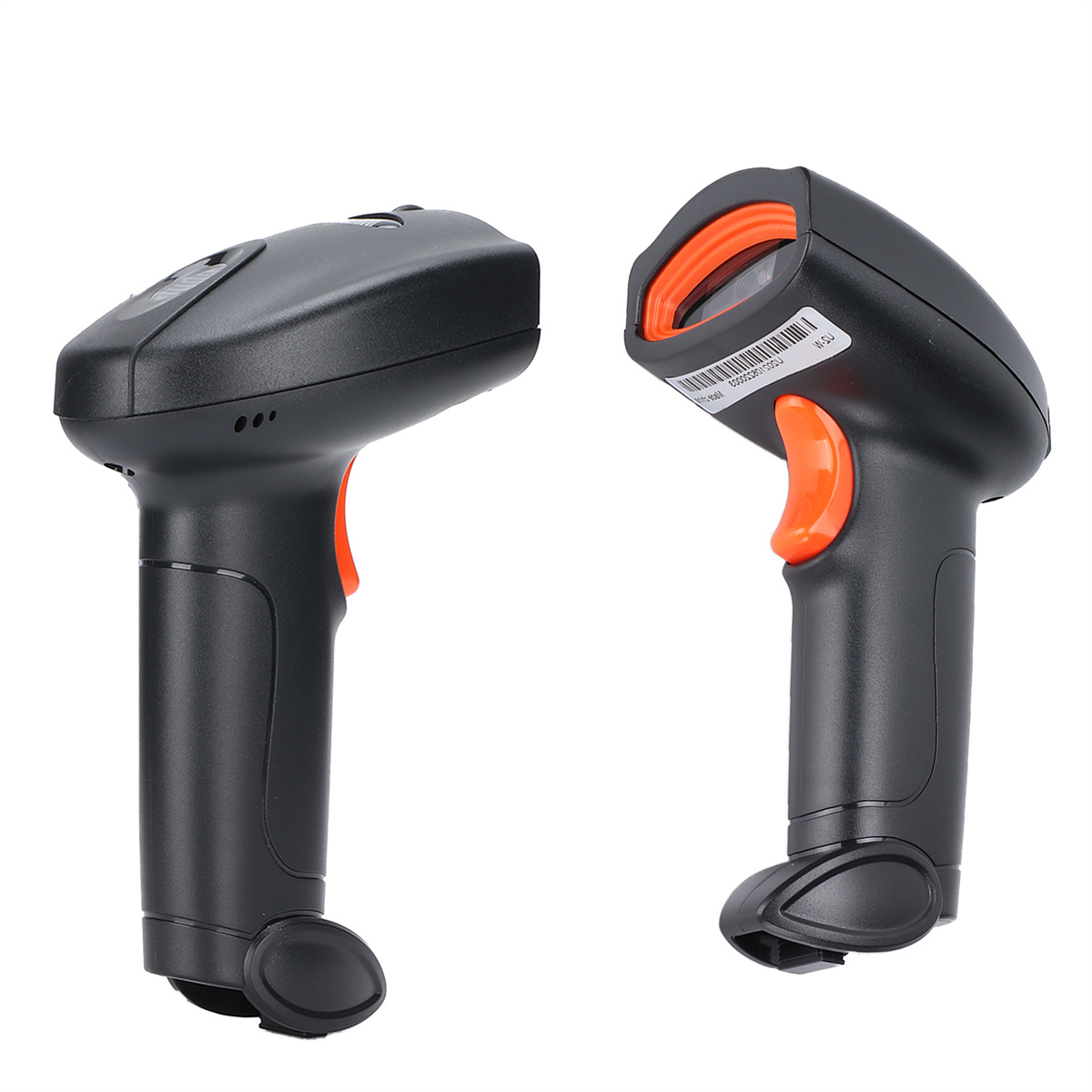 Zwei schwarz-orange Barcodescanner. Einer von der Seite, der andere von vorne.