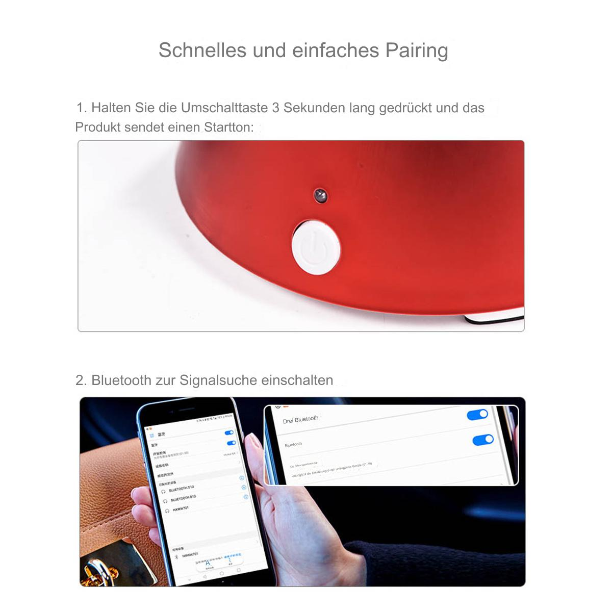 Nahaufnahme eines roten Geräts mit weißer Taste. Zwei Telefone zeigen Bluetooth-Pairing-Anweisungen.