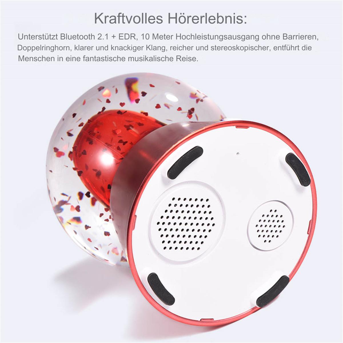 Ein rot-weißer Lautsprecher mit Herzdesign und Text zur Beschreibung der Funktionen.