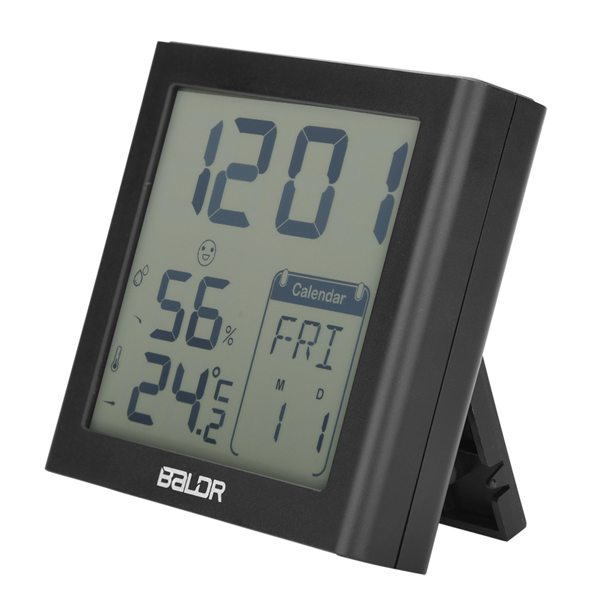 Schwarze Digitaluhr mit Anzeige von Uhrzeit, Luftfeuchtigkeit und Temperatur, mit Ständer.
