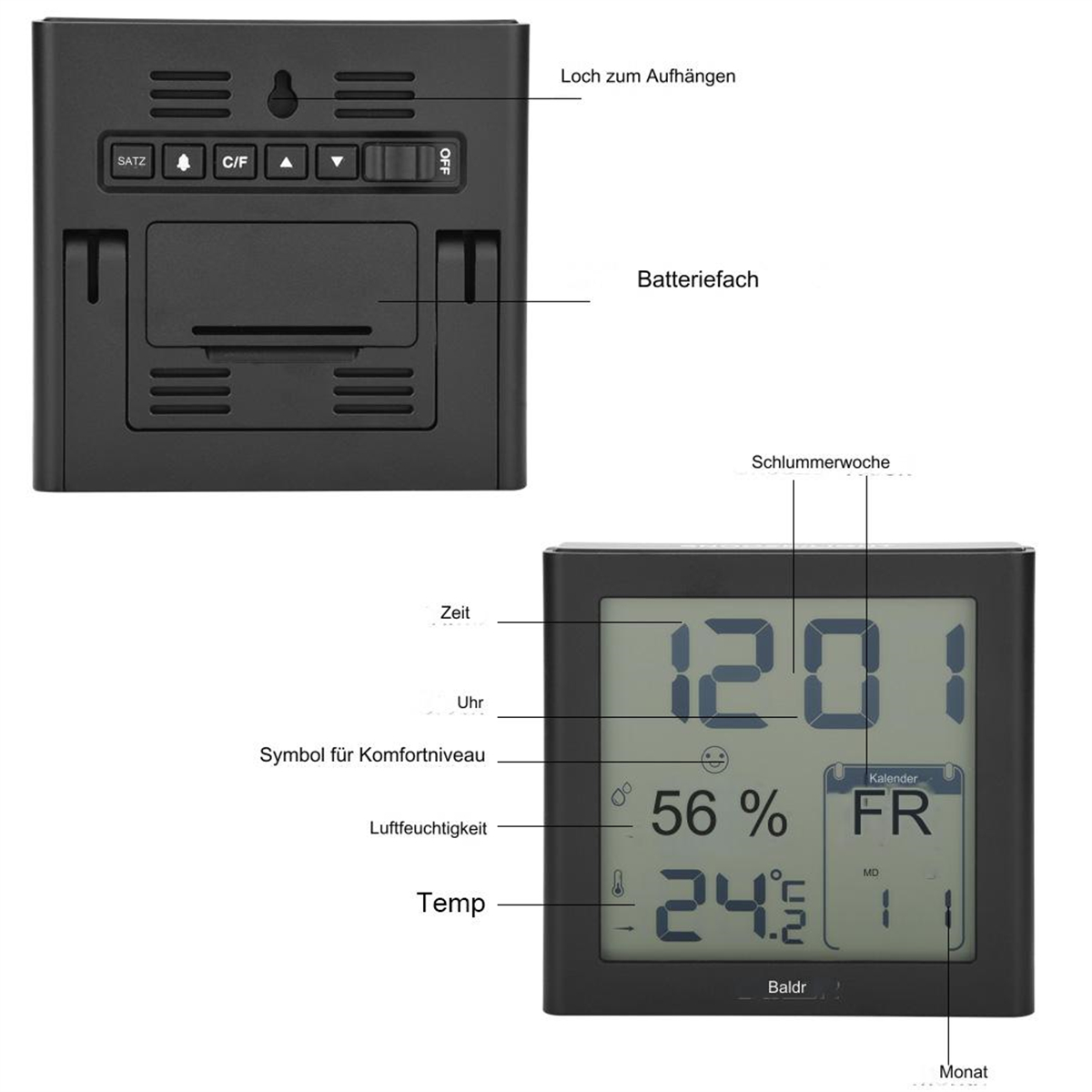 Schwarze Digitaluhr mit Beschriftungen. Zeigt Zeit, Luftfeuchtigkeit, Temperatur und Kalenderdatum an.