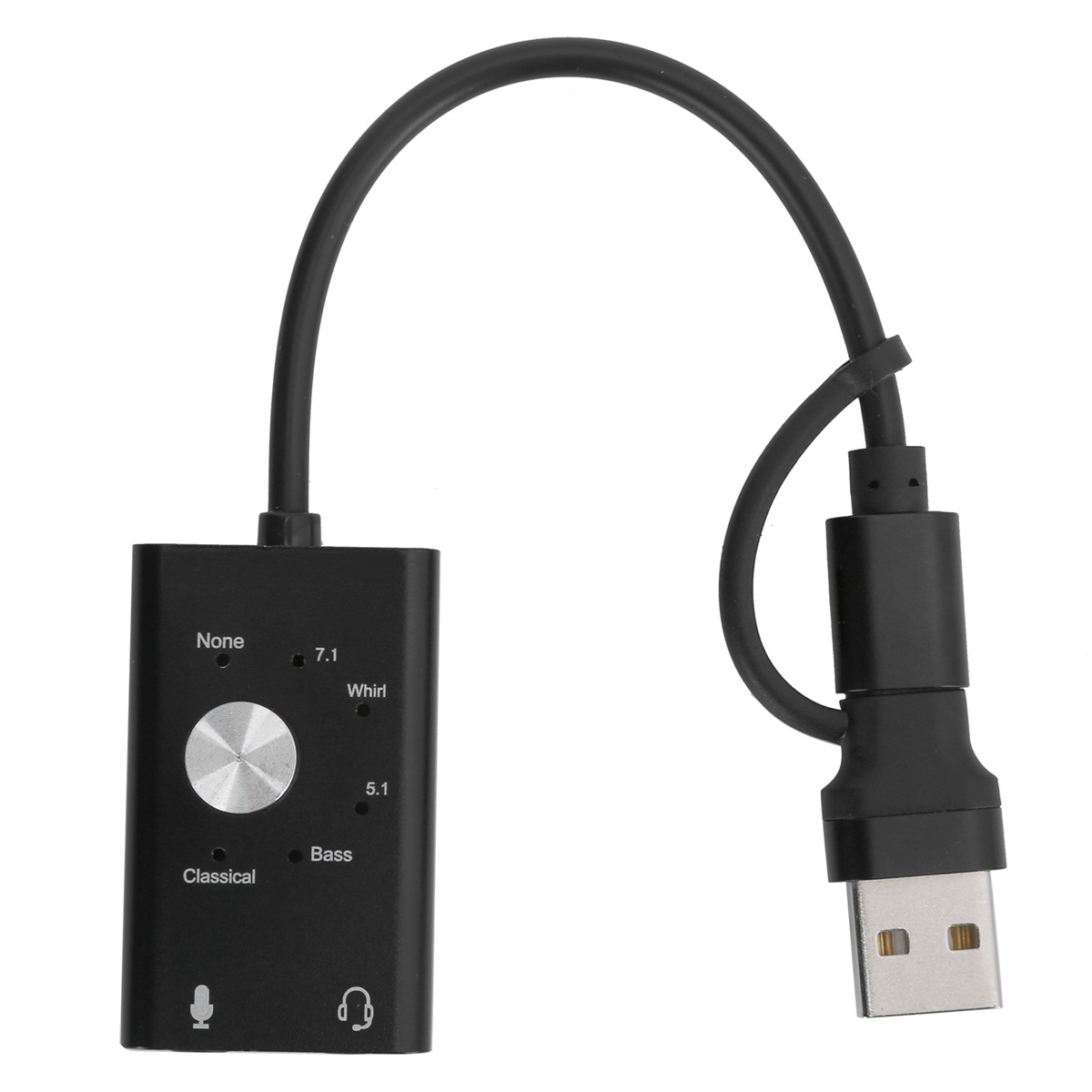 Schwarzes Audio-Interface mit verschiedenen Klangmodustasten und USB-Anschluss.