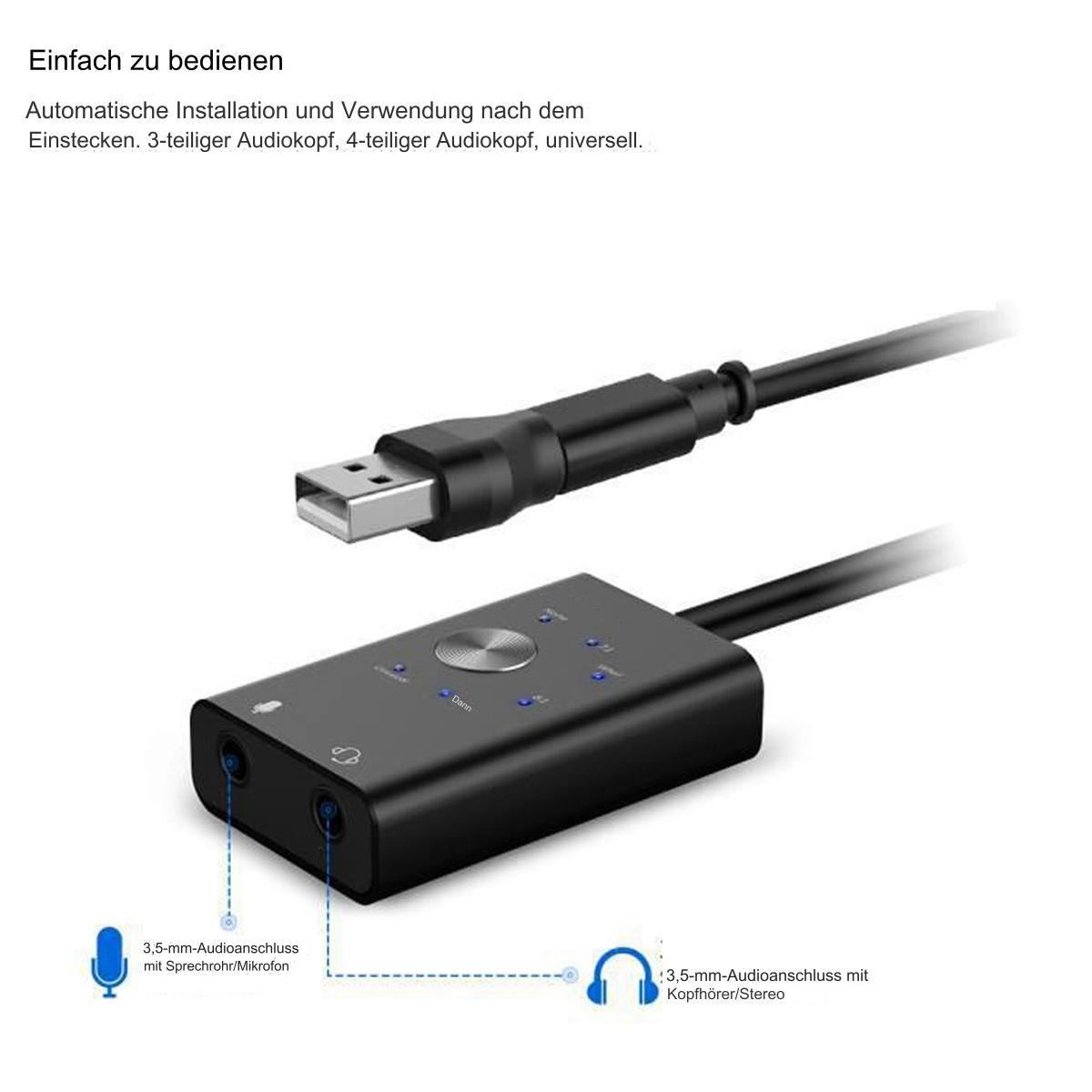 Schwarzer Audioadapter mit USB- und Audioanschlüssen. Schwarzer Hintergrund.
