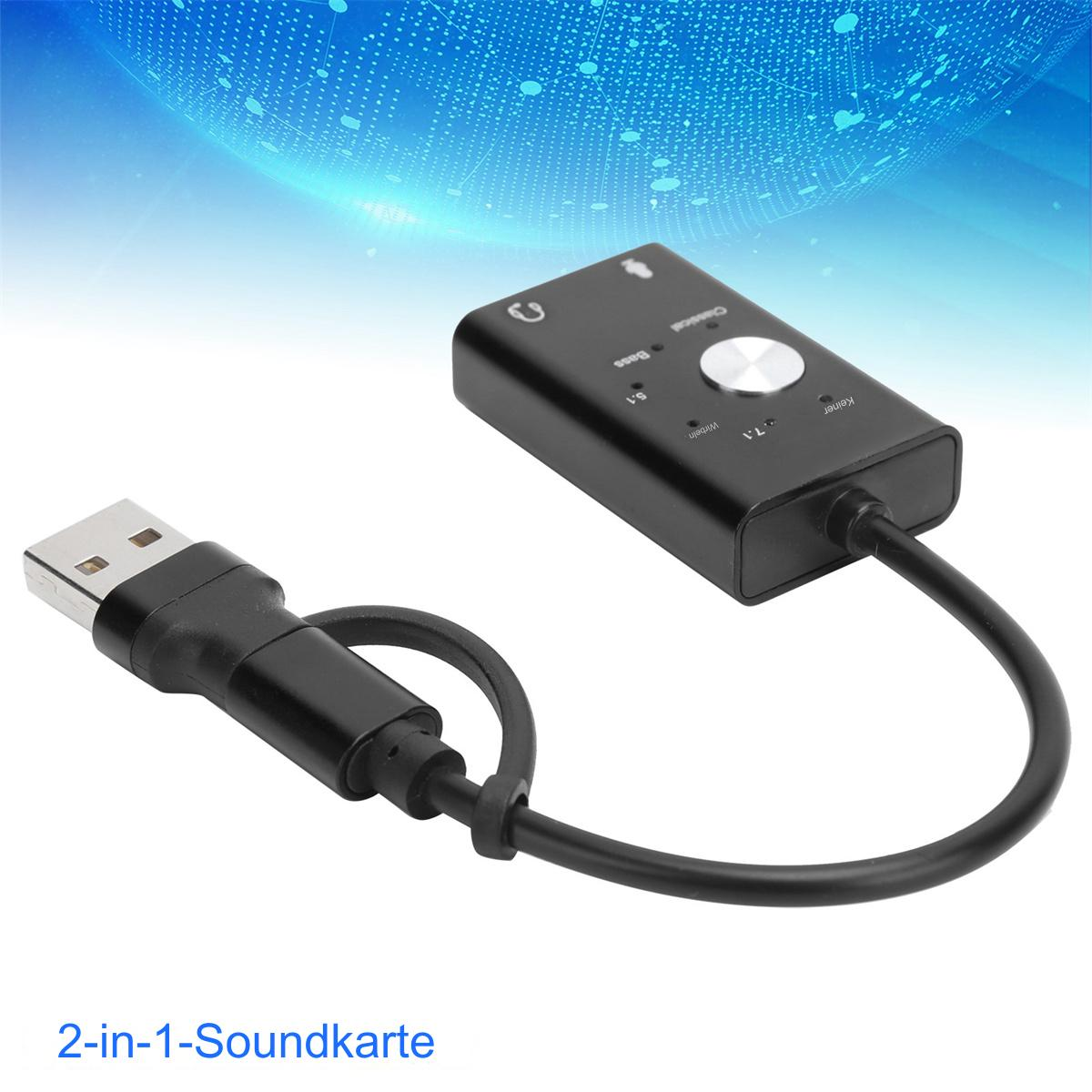 Eine schwarze USB-Soundkarte mit einem USB-Anschluss und der Bezeichnung 2-in-1 Soundkarte.