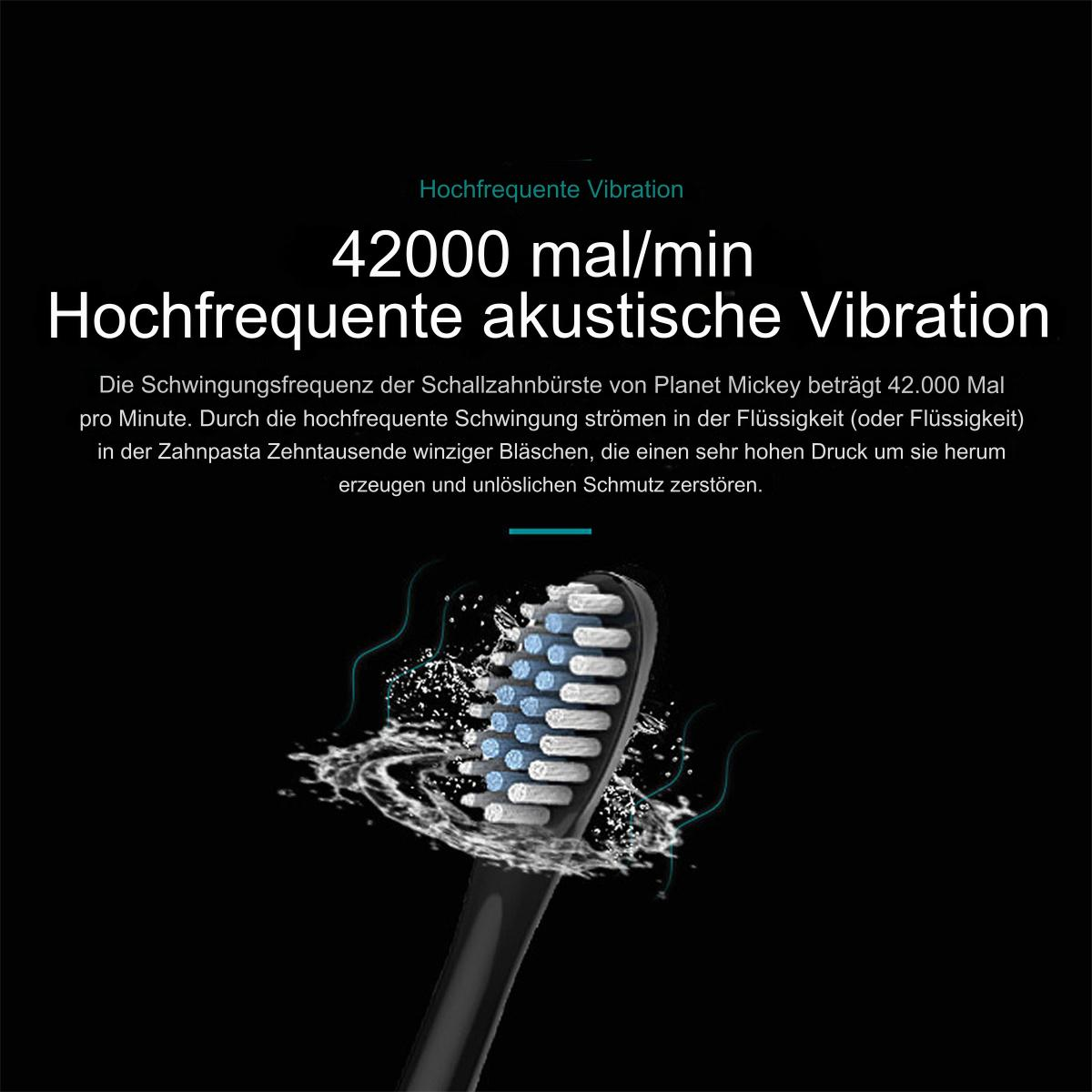 Schwarze elektrische Zahnbürste mit Borsten und Wasserspritzer. Text auf Deutsch über Vibration.
