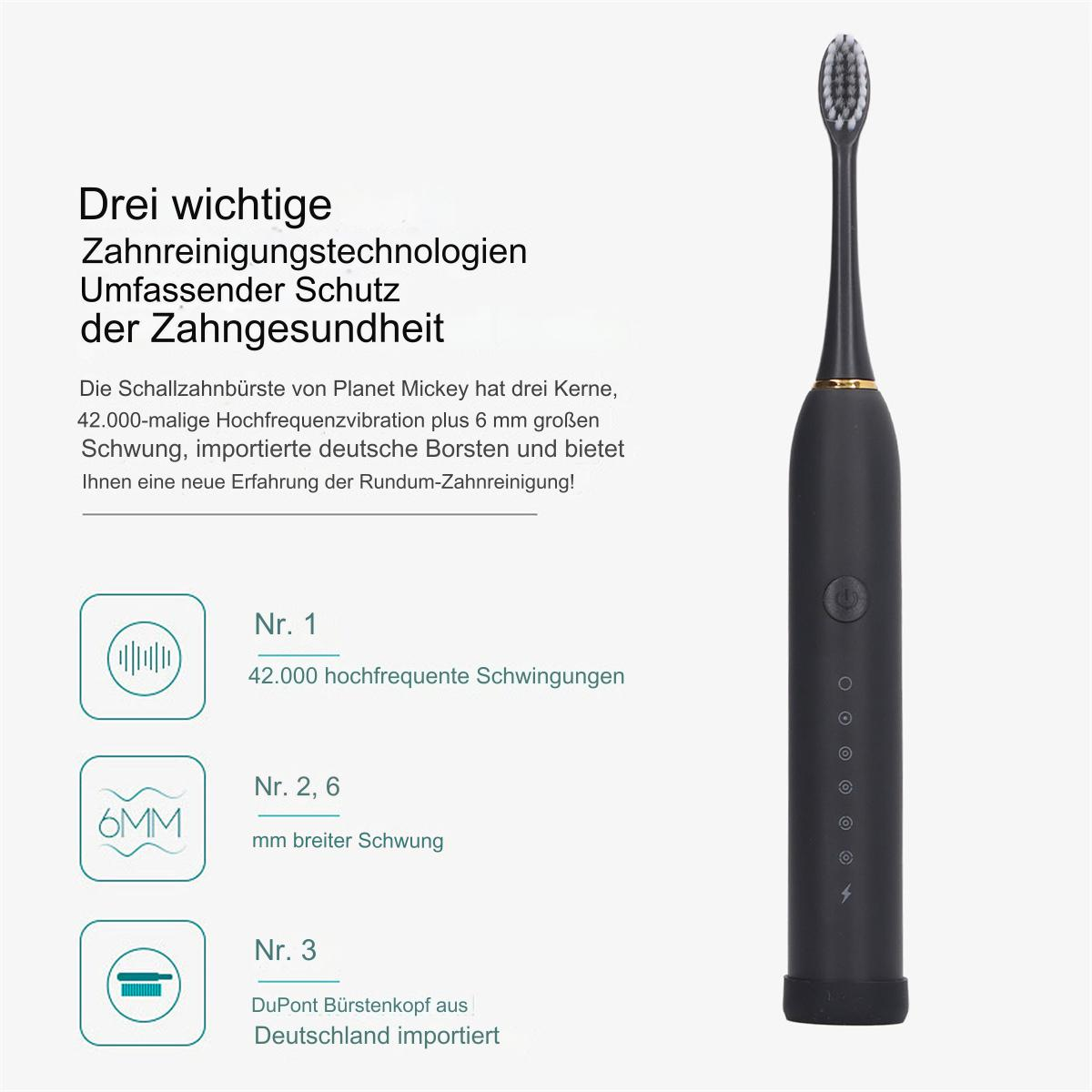 Schwarze elektrische Zahnbürste mit Text über Reinigungstechnologien. Ein Diagramm zeigt Vibrationen, Schwung und Borsten.