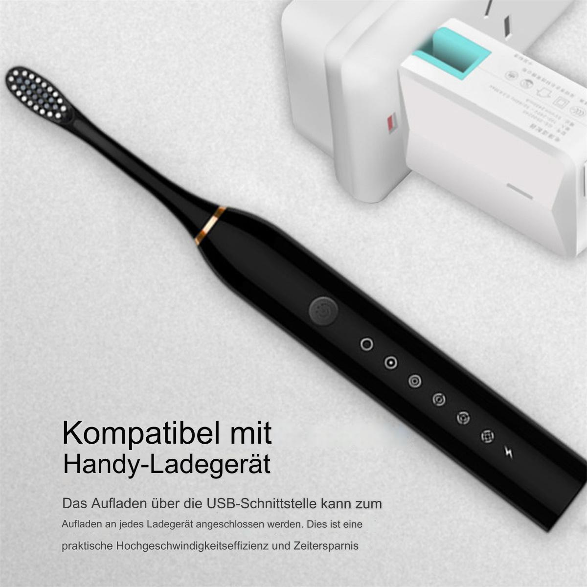 Eine schwarze elektrische Zahnbürste mit Knöpfen und Ladeanzeigen, neben einem Ladegerät.