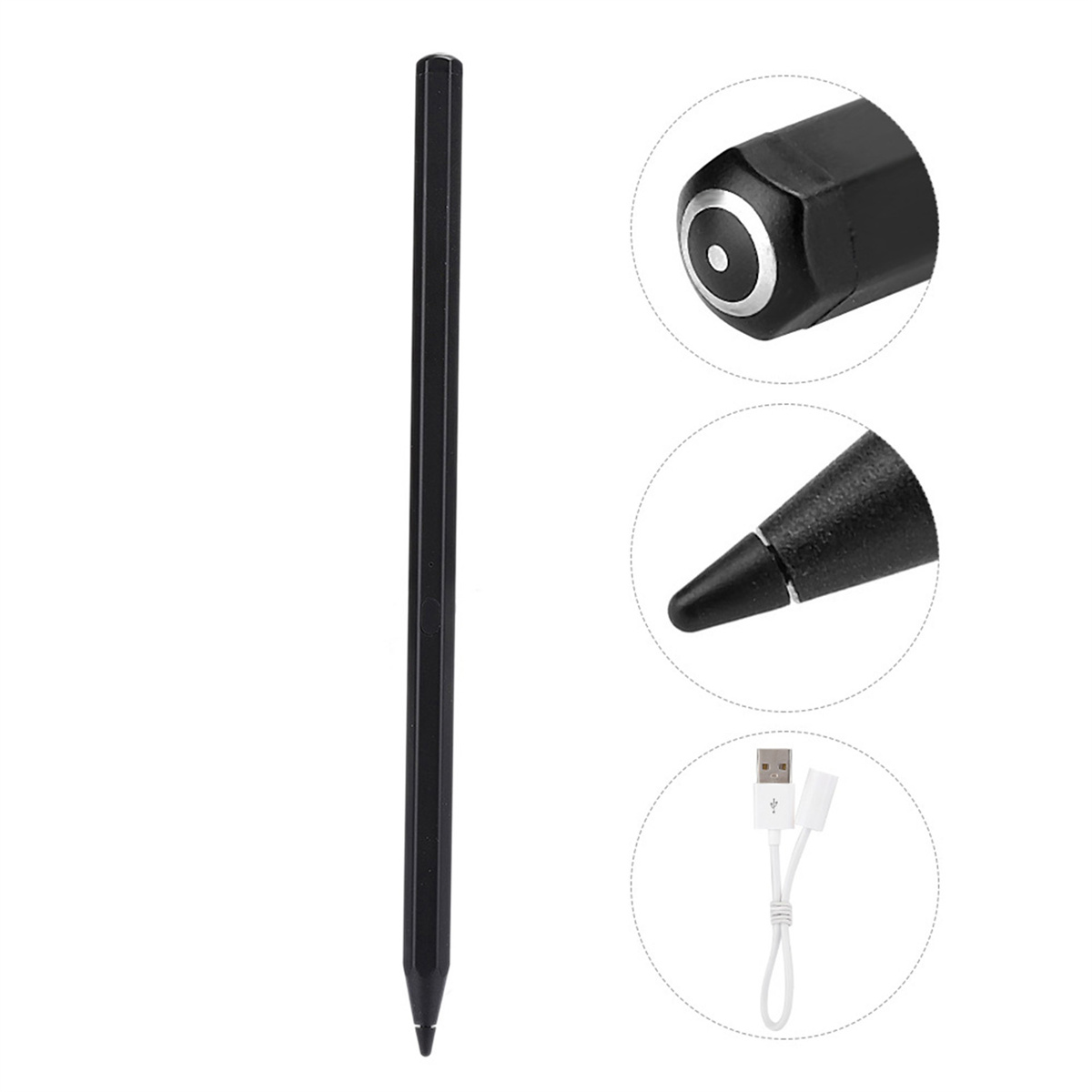 Schwarzer Stift mit Detailansichten der Spitze und USB-Ladekabel auf weißem Hintergrund.