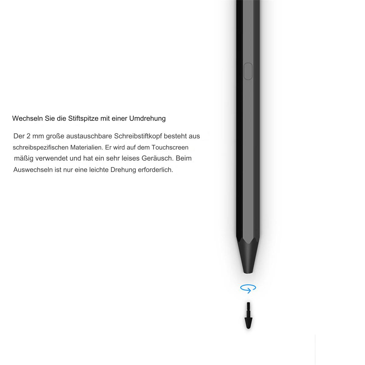 Ein schwarzer Stift wird gezeigt, mit einer Spitze und einer Drehbewegungsgrafik darunter.