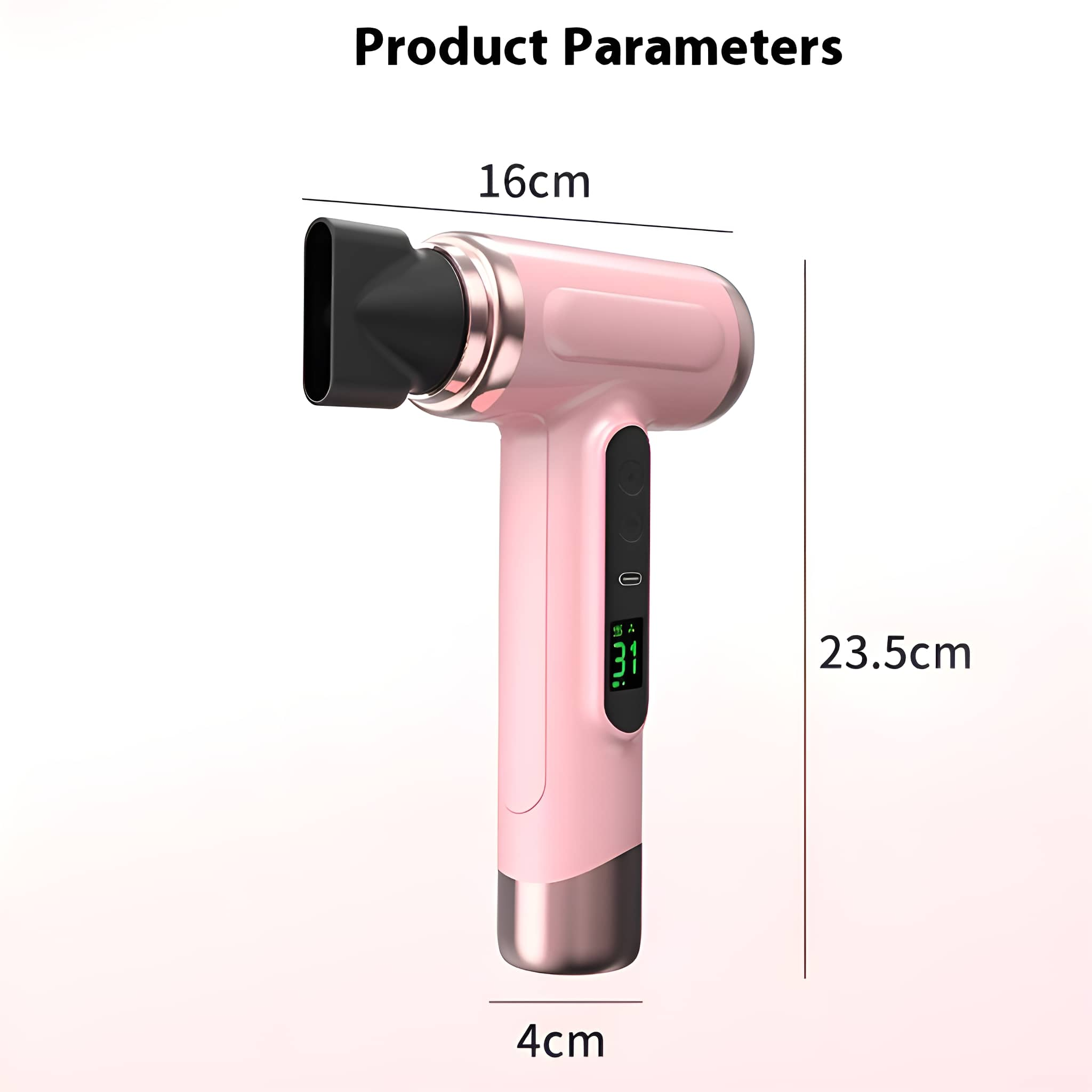 Ein rosa Haartrockner mit schwarzer Düse und digitaler Anzeige, mit angezeigten Abmessungen.