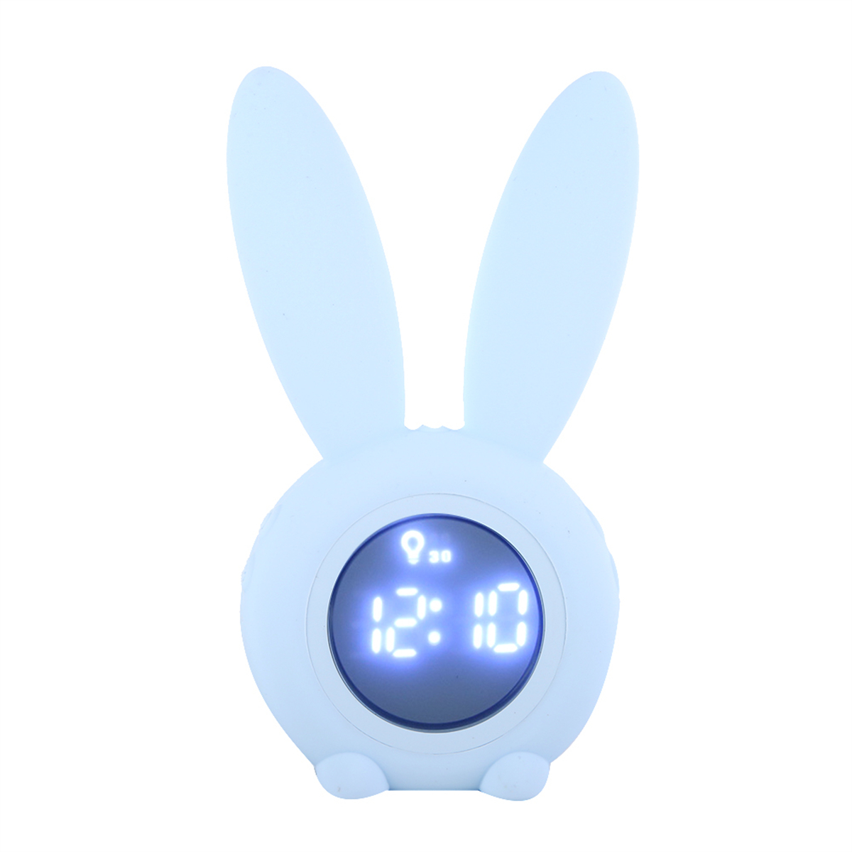 Blauer, hasenförmiger Wecker, der 12:10 anzeigt. Der Hase hat Ohren und eine Digitalanzeige.