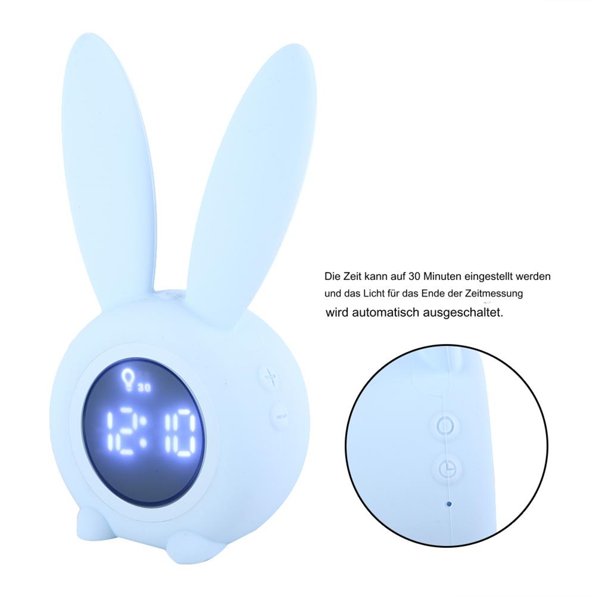 Ein blauer, hasenförmiger Wecker mit Digitalanzeige, die die Uhrzeit anzeigt, mit Nahaufnahmen.
