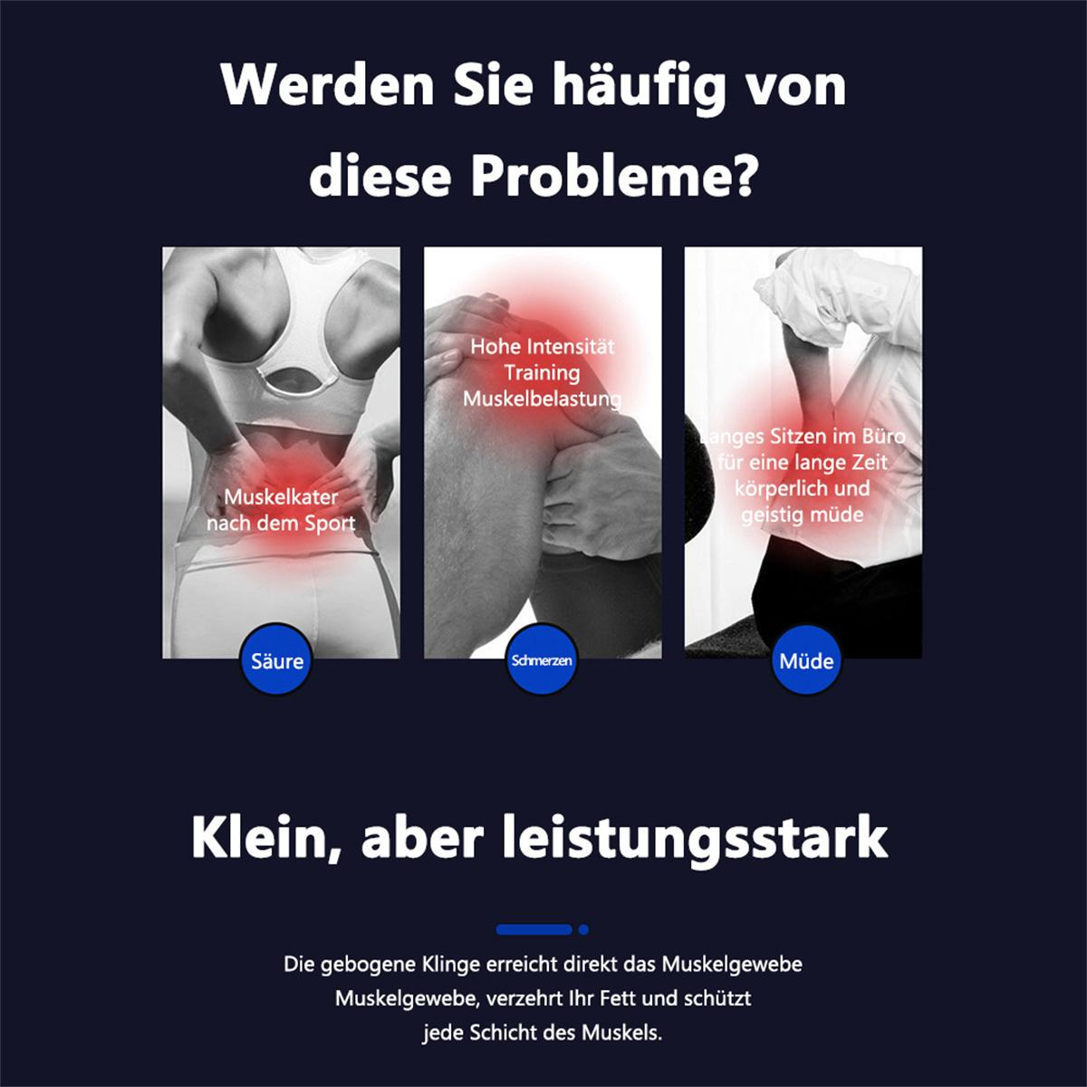 Bilder über Muskelschmerzen und Müdigkeit. Eine Grafik beschreibt die Vorteile eines Produkts.