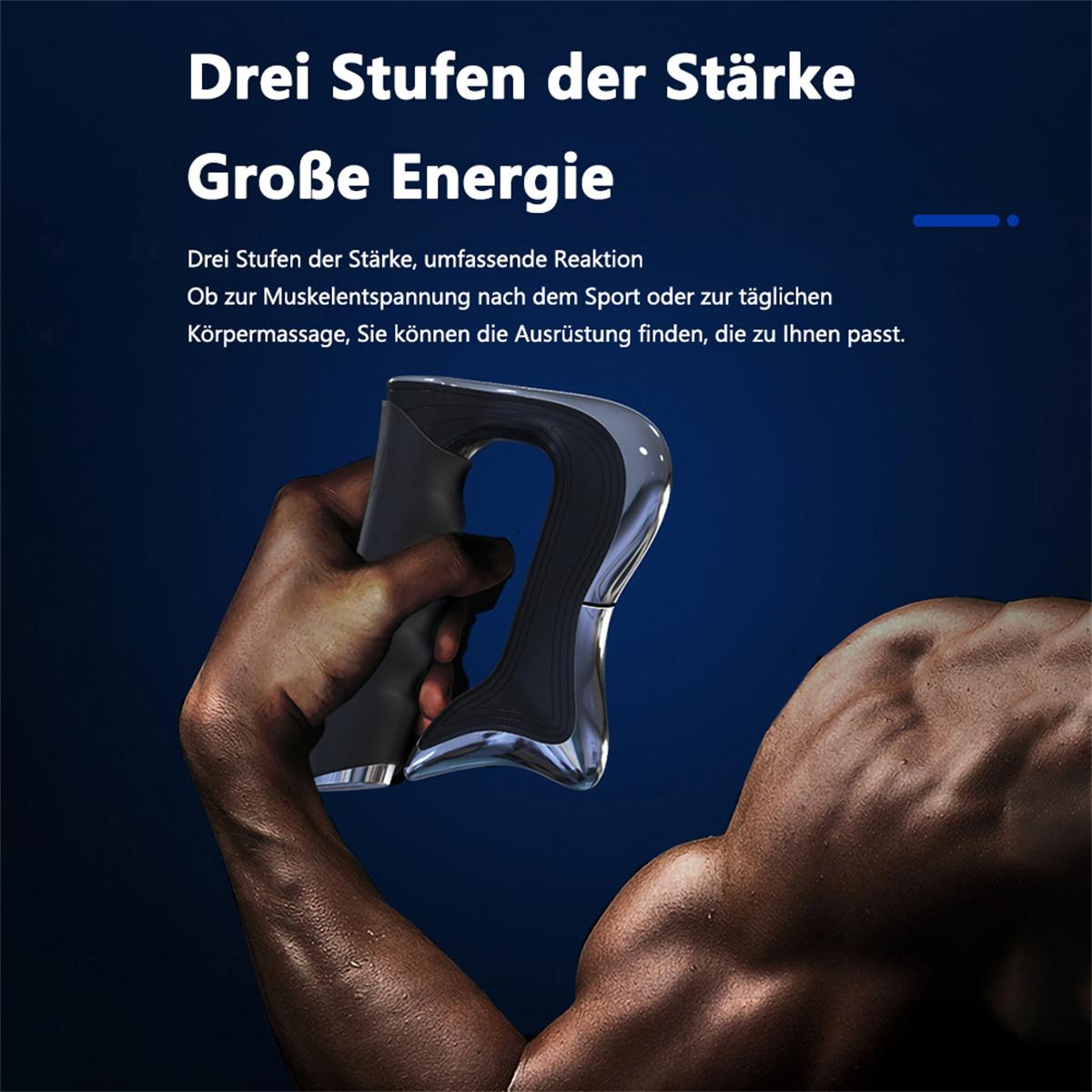 Eine Person, die ihren Arm beugt und ein schwarzes und silbernes Handgerät hält.