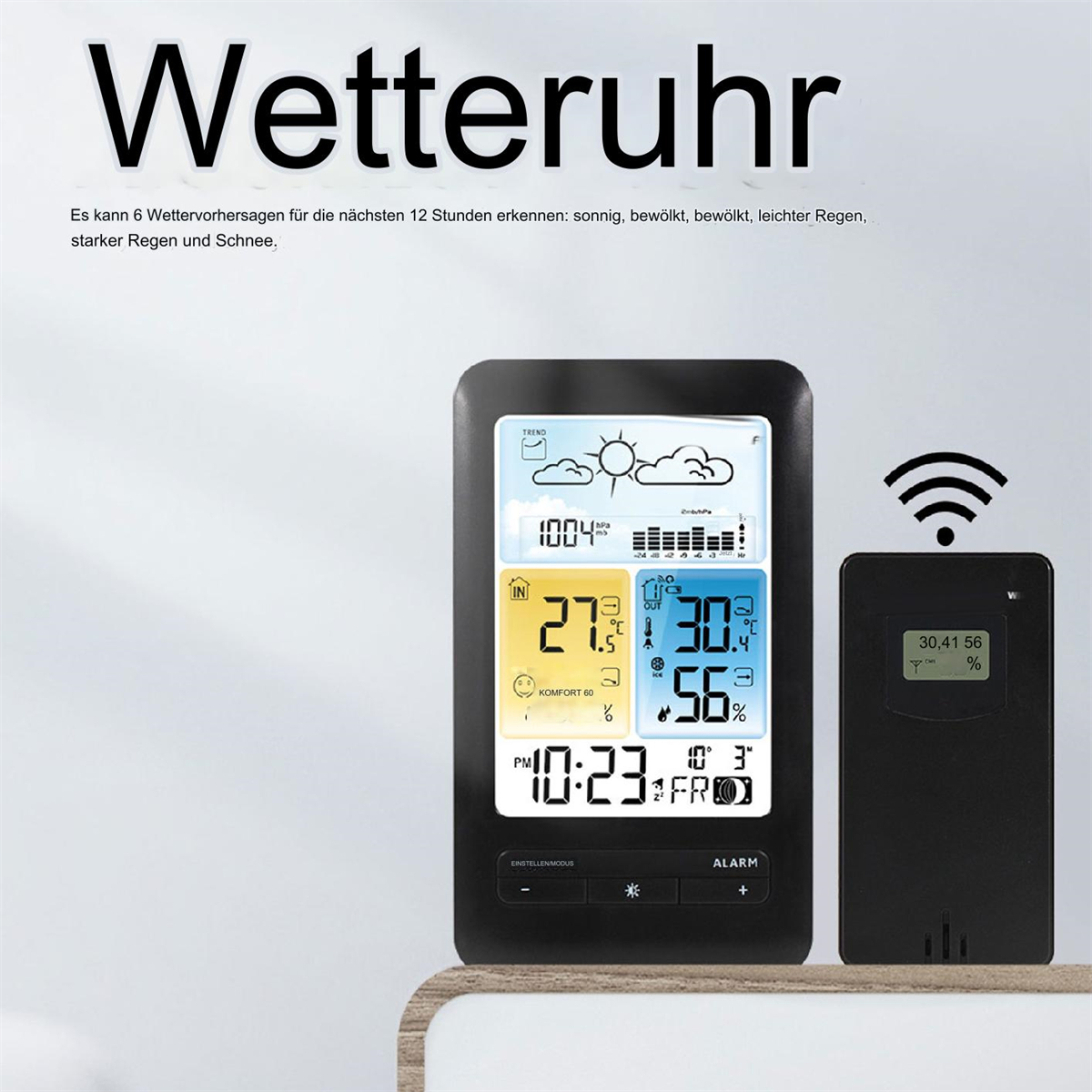 Schwarze Wetterstation mit Wetterinfos und drahtlosem Empfänger.