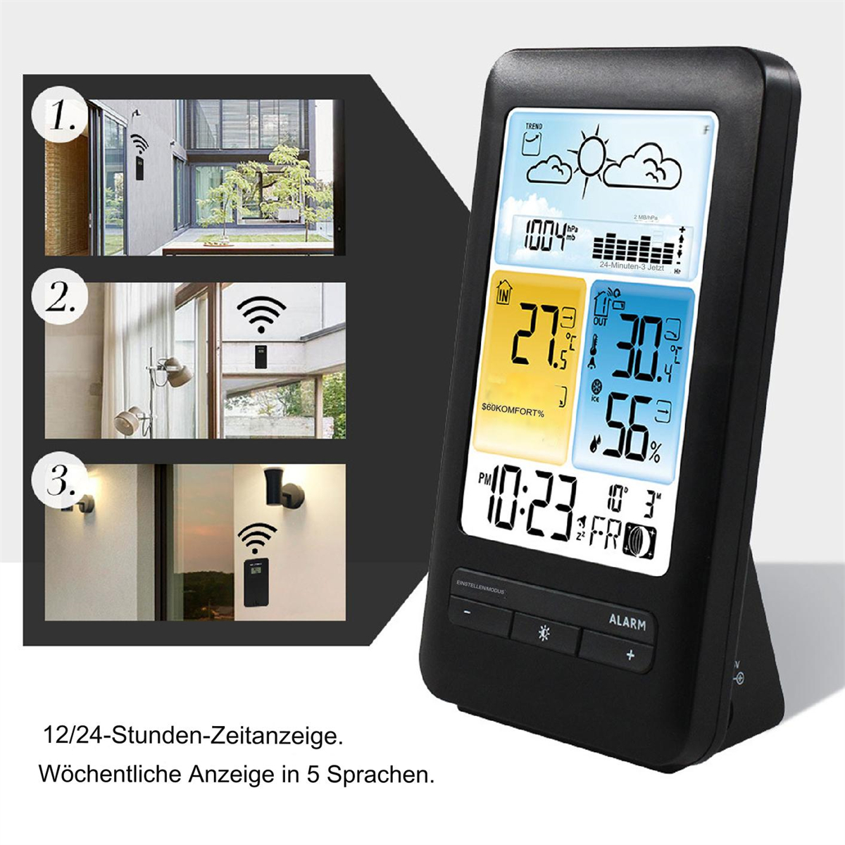 Schwarze Wetterstation mit Anzeige von Zeit, Temperatur und Wettersymbolen. Drei Beispiel-Setups.
