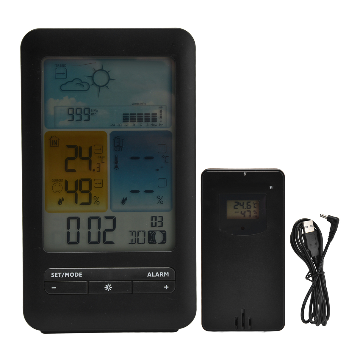 Eine schwarze Wetterstation mit Temperatur, Luftfeuchtigkeit und anderen Wetterdaten und einem separaten Sensor.