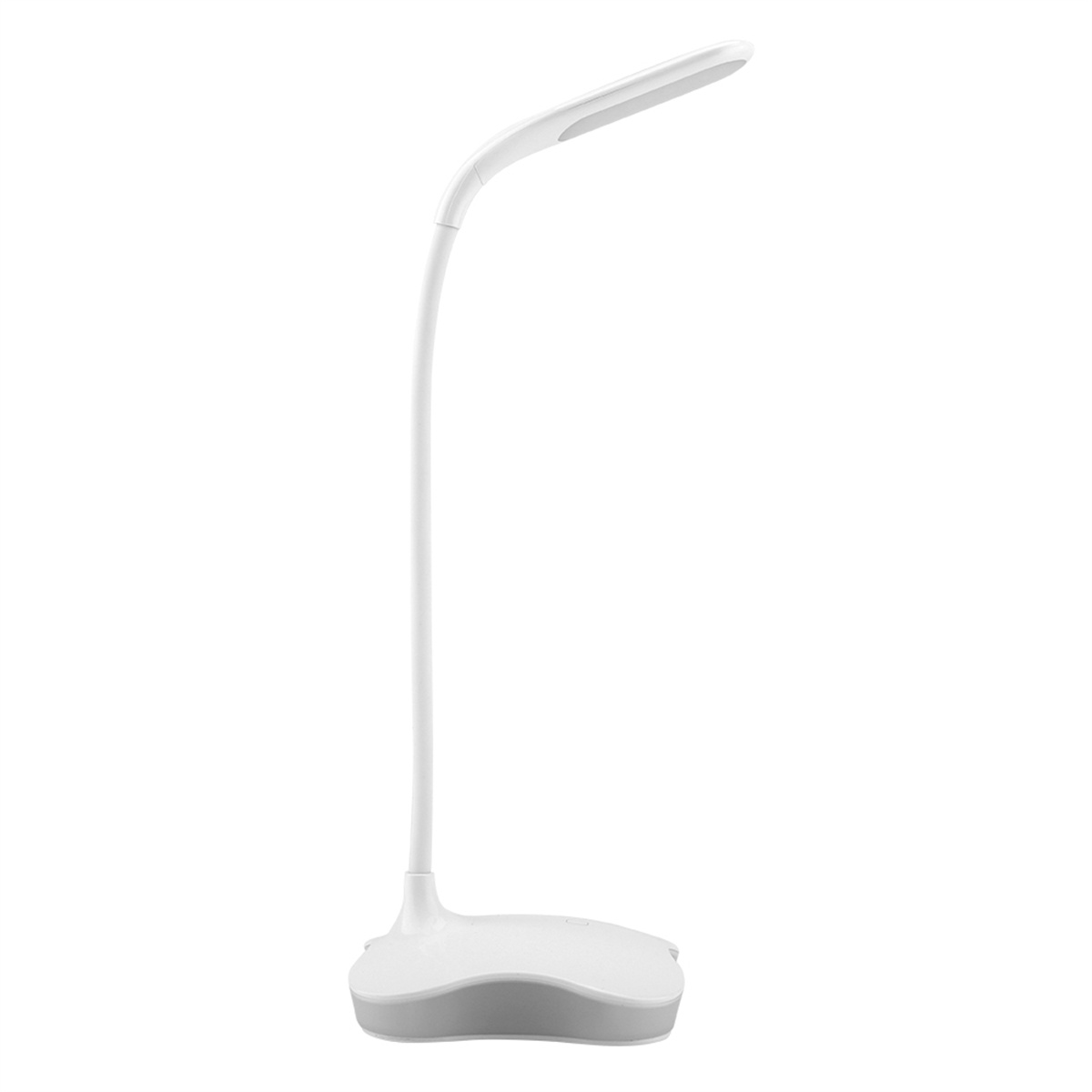 Weiße Schreibtischlampe mit gebogenem Hals und rechteckiger Basis.