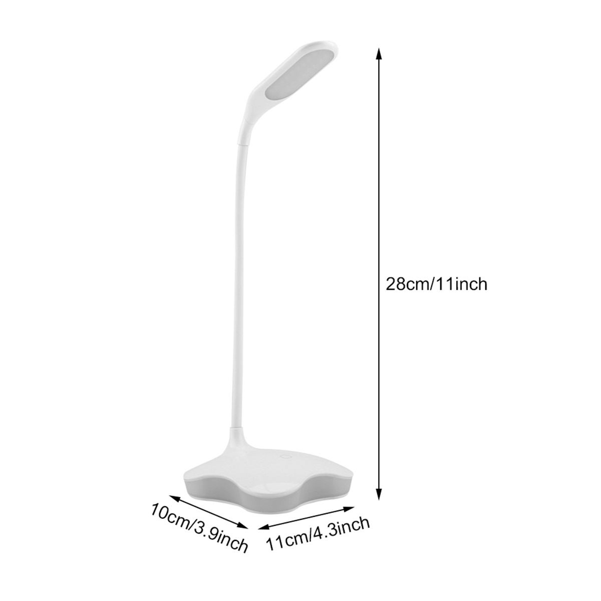 Weiße Schreibtischlampe mit gebogenem Hals, Sockel und Kopf.