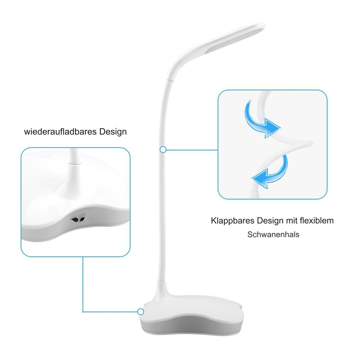 Weiße Schreibtischlampe mit flexiblem Hals und rundem Fuß. Die Lampe befindet sich auf weißem Hintergrund.