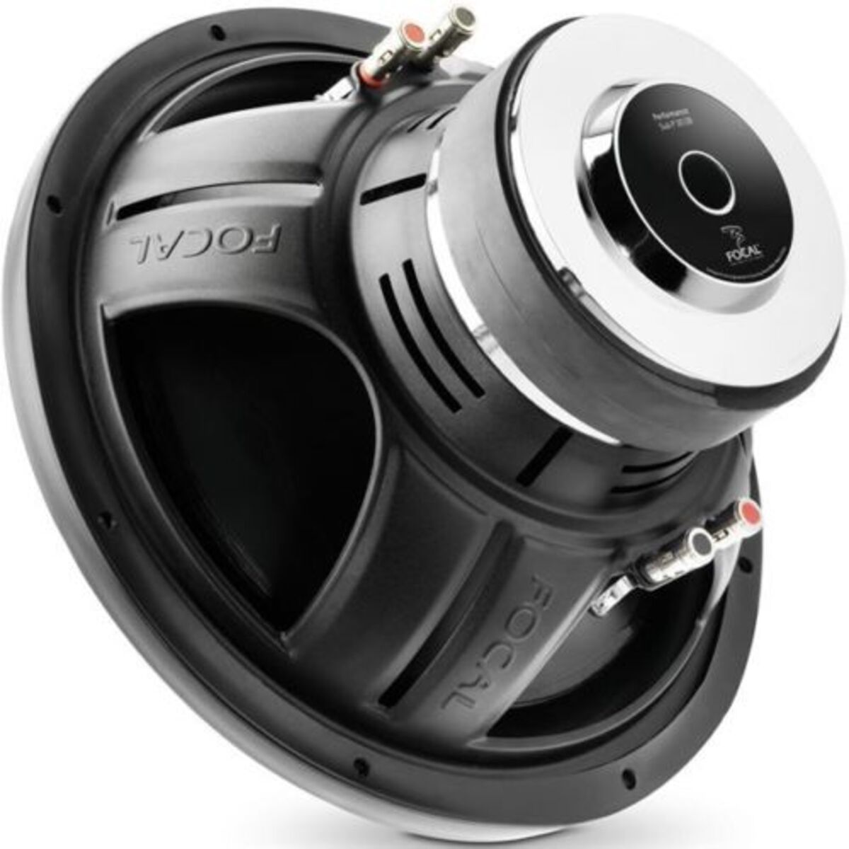 Ein schwarzer Subwoofer-Lautsprecher. Auf der Vorderseite steht der Markenname Focal. Silberne Akzente.