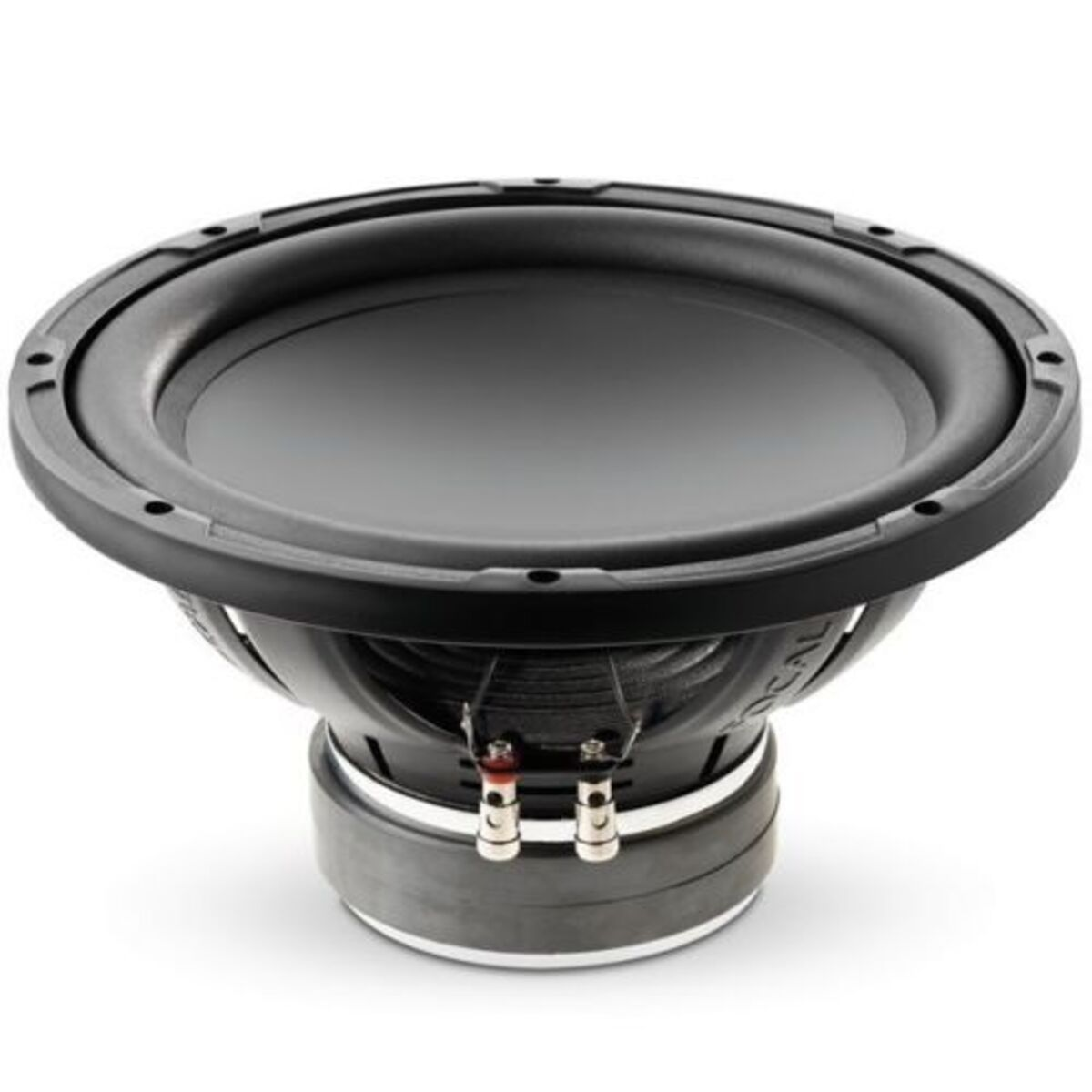 Schwarzer Subwoofer mit großem kreisförmigem Lautsprecher. Der Sockel ist silberfarben.