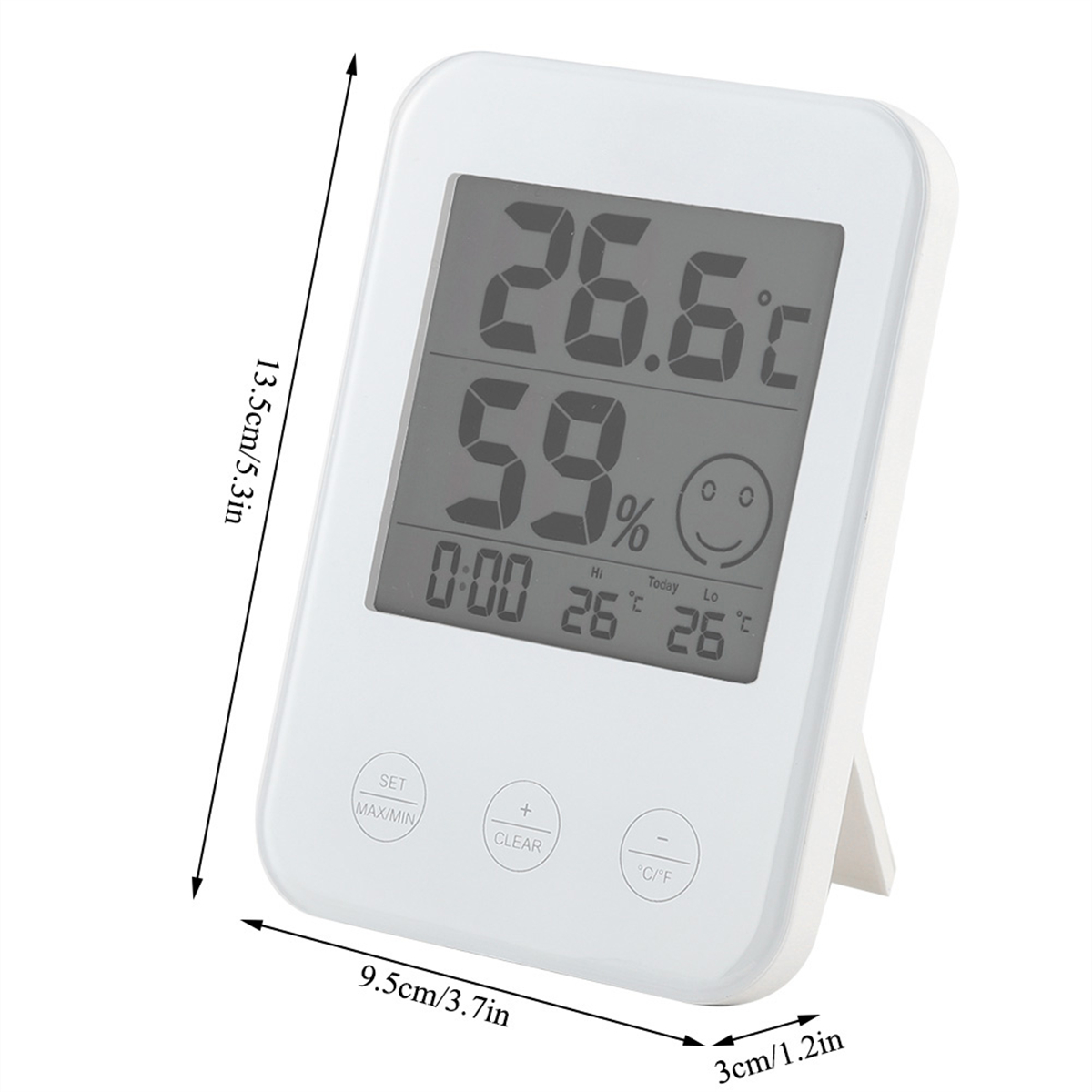 Weißes digitales Thermometer mit Temperatur- und Feuchtigkeitsanzeige. Es hat ein Smiley-Symbol.