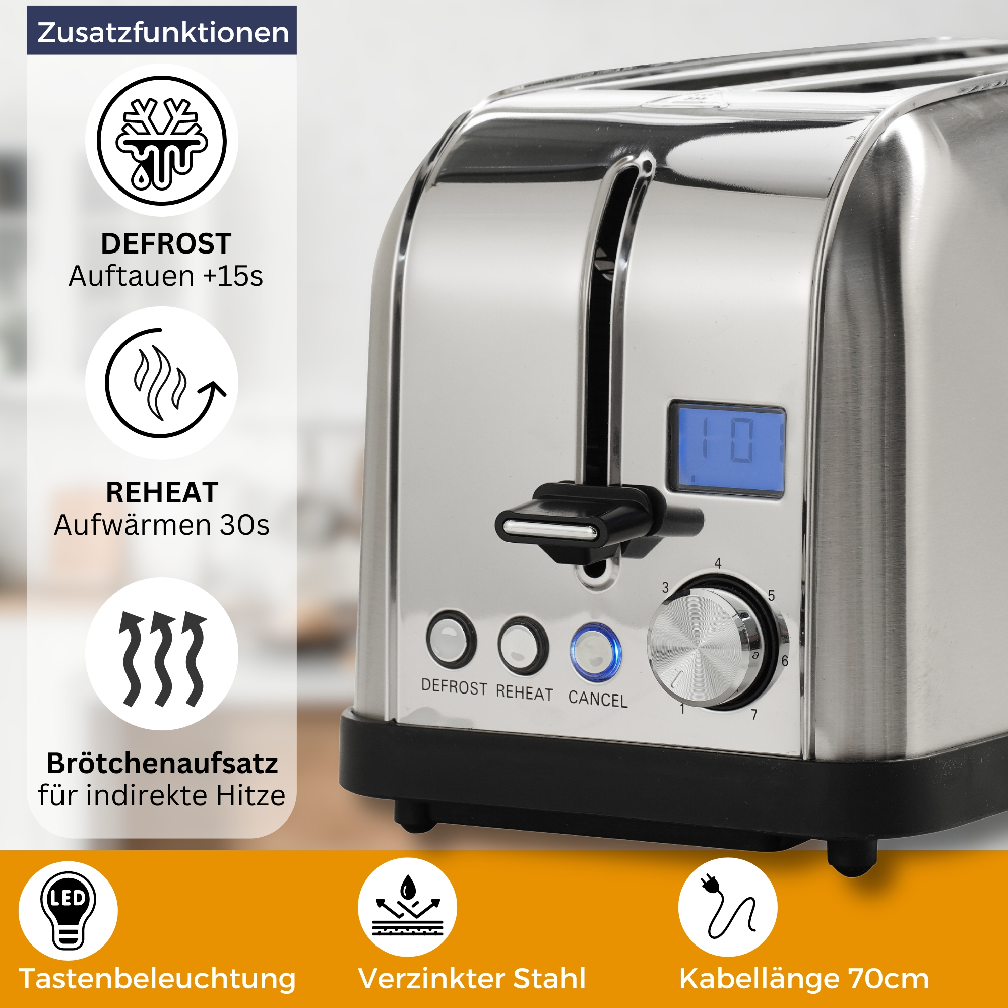Silberner Toaster mit Wahlschalter, Tasten und Symbolen zum Auftauen, Aufwärmen und Abbrechen.