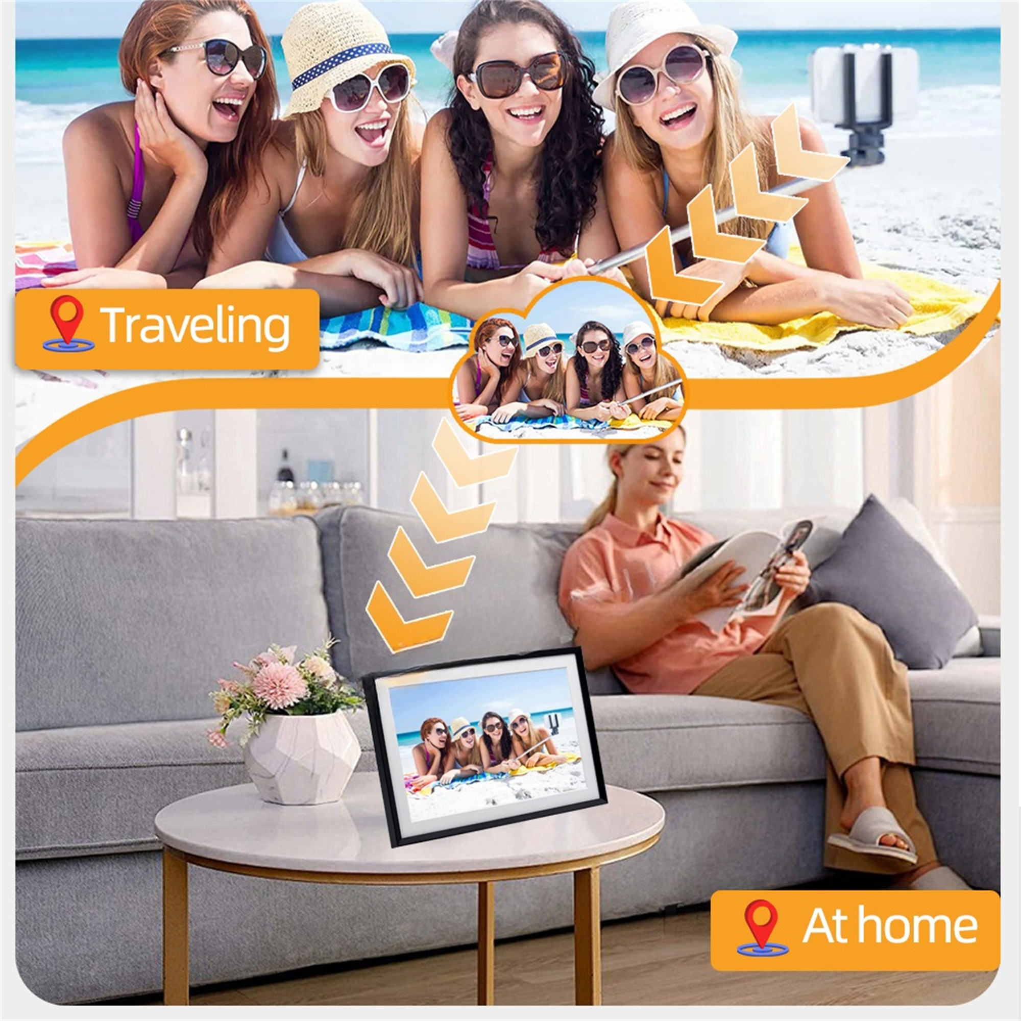 Eine geteilte Szene, die Frauen am Strand und zu Hause mit einem Fotorahmen zeigt, Reise vs. Zuhause.