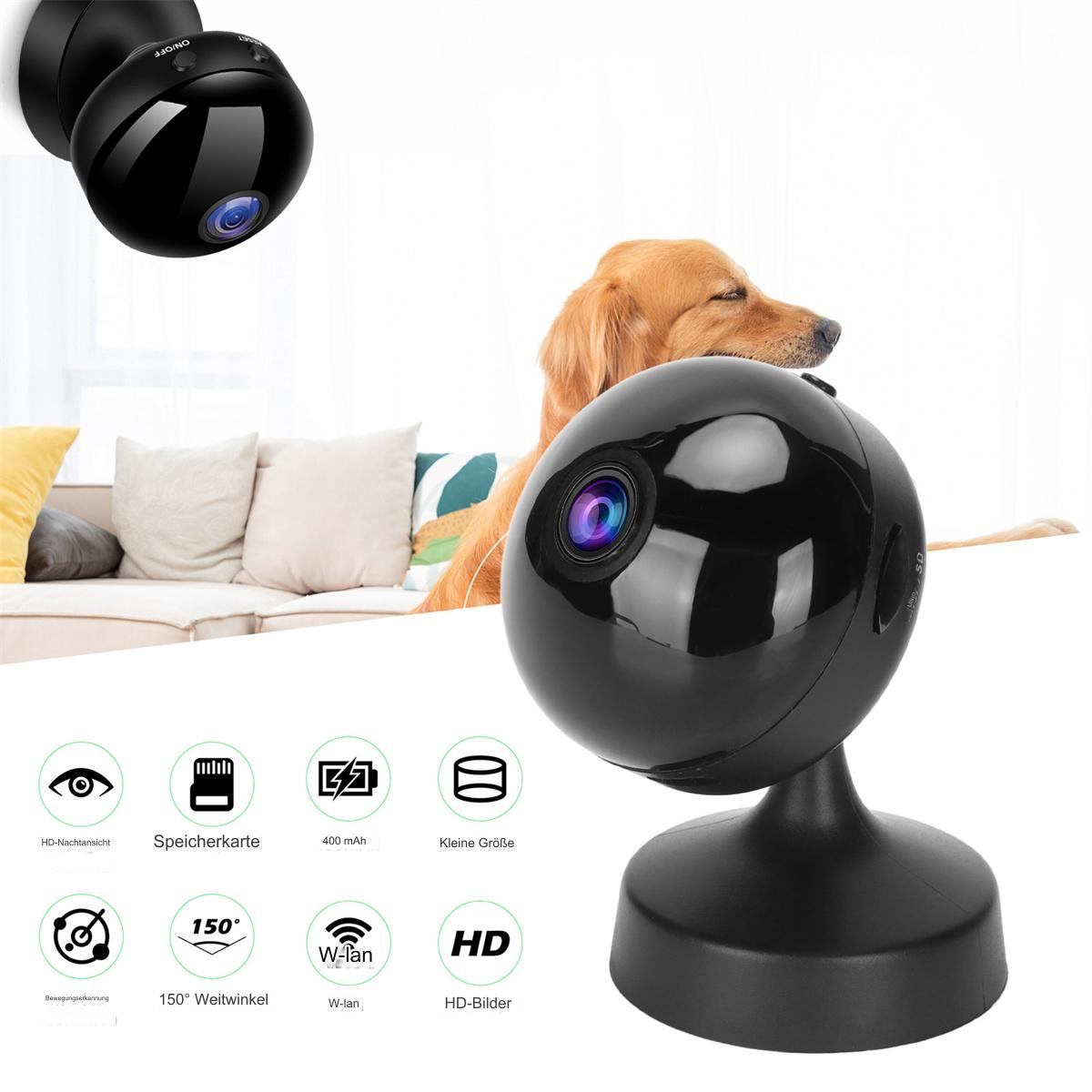 Schwarze Überwachungskamera, mit Symbolen für HD, WLAN und andere Funktionen. Im Hintergrund ist ein Hund.