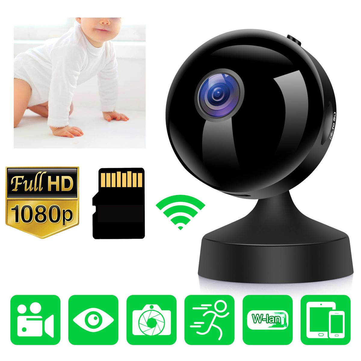 Schwarze Überwachungskamera mit Symbolen und Babybild. Inklusive SD-Karte und WiFi-Symbol. Full HD 1080p.
