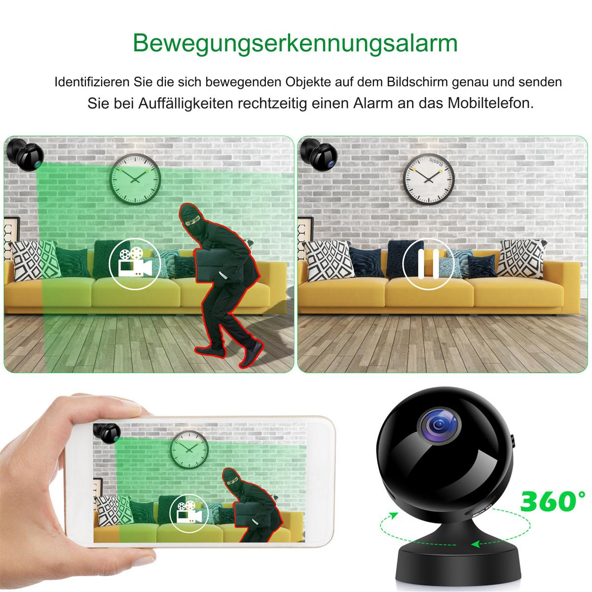 Das Bild zeigt ein Sicherheitskamerasystem mit grün hervorgehobenen Bereichen, die Bewegungserkennung anzeigen.