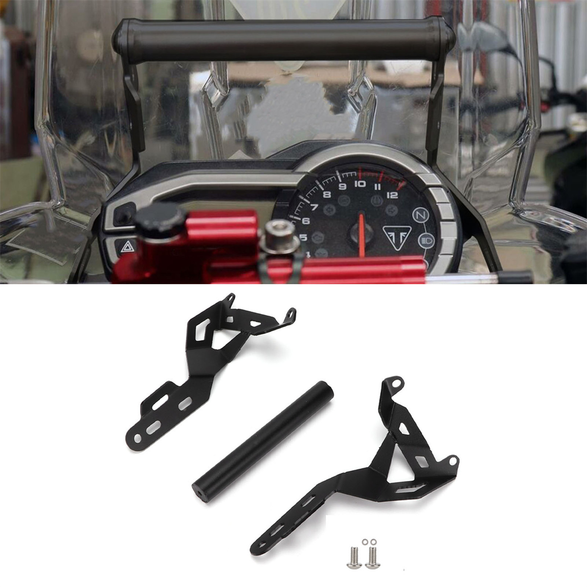 Motorrad-Armaturenbrett mit Montagezubehör darunter.