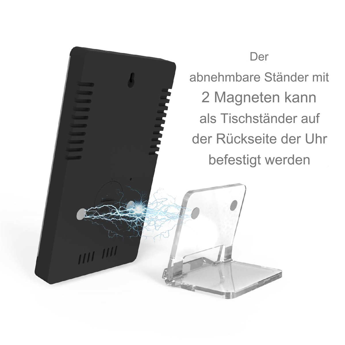 Schwarze Wetterstation mit Ständer und klarer Anzeige. Weißer Hintergrund.
