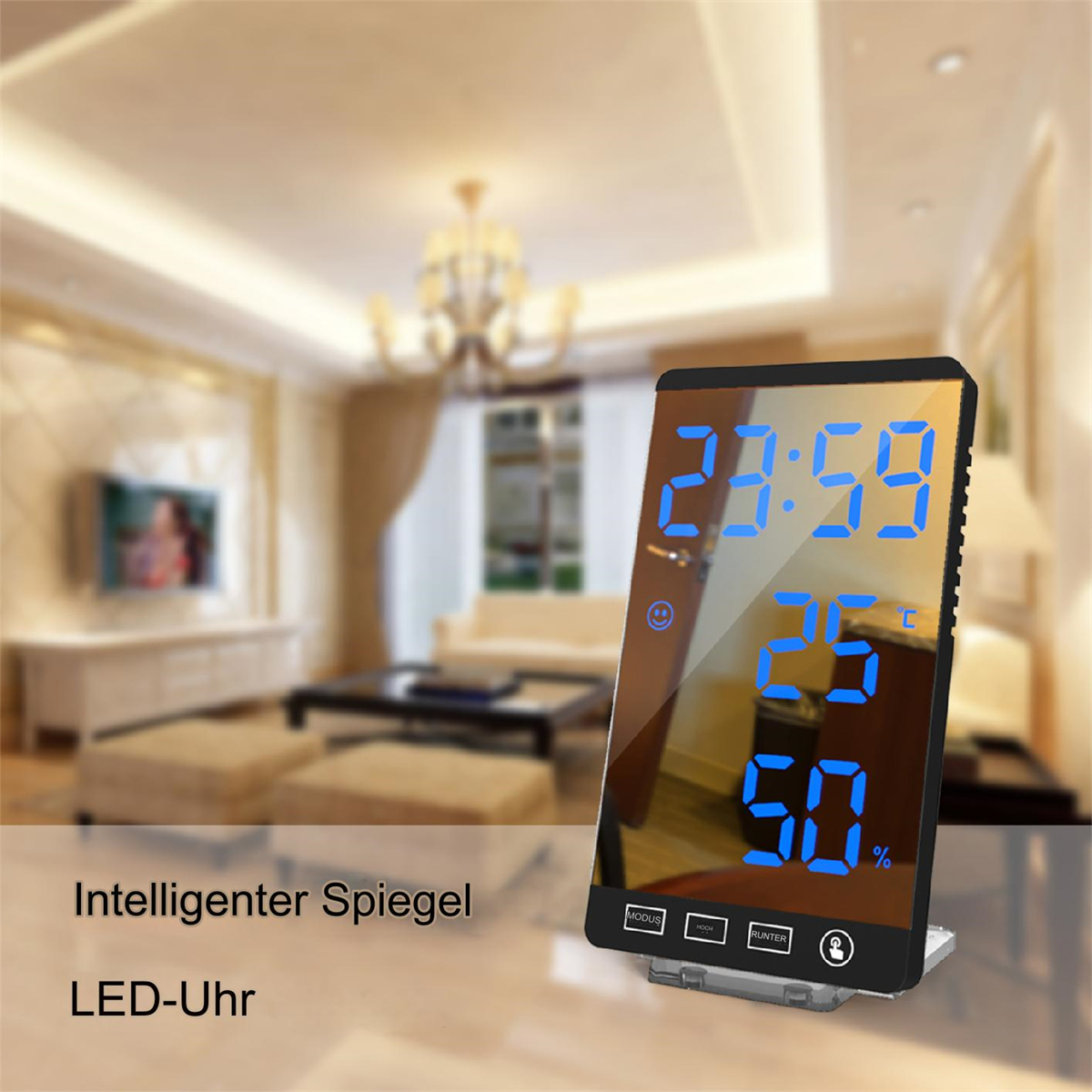 Eine Digitaluhr, die Zeit, Temperatur und Prozentsatz anzeigt. Text: Intelligenter Spiegel, LED-Uhr.