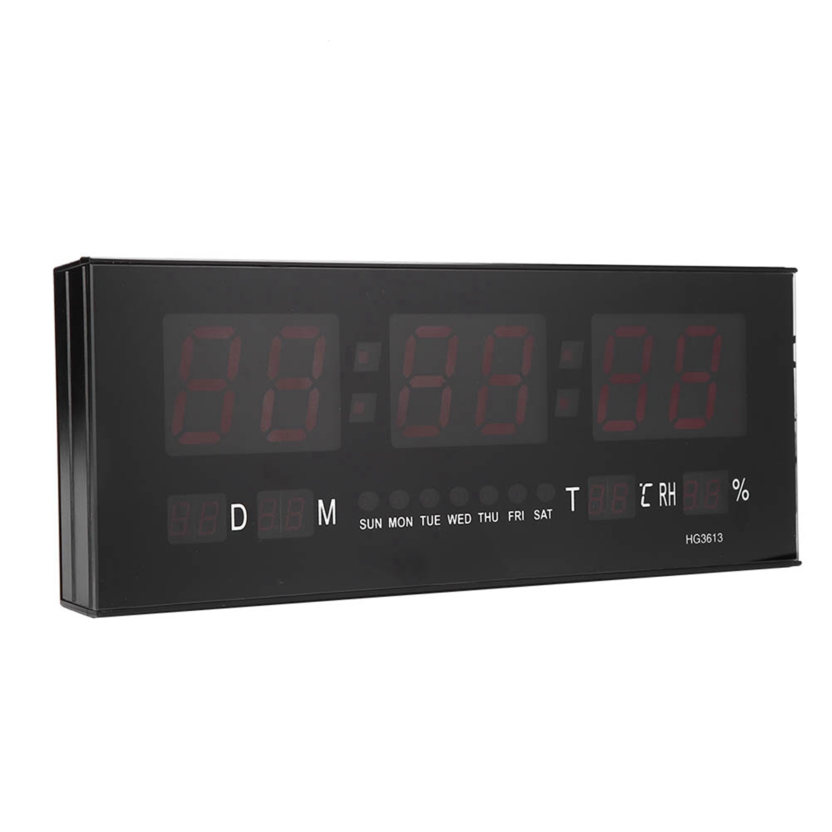 Schwarze Digitaluhr mit roten Ziffern, die die Zeit anzeigen. Tag, Datum, Temperatur und Luftfeuchtigkeit werden ebenfalls angezeigt.