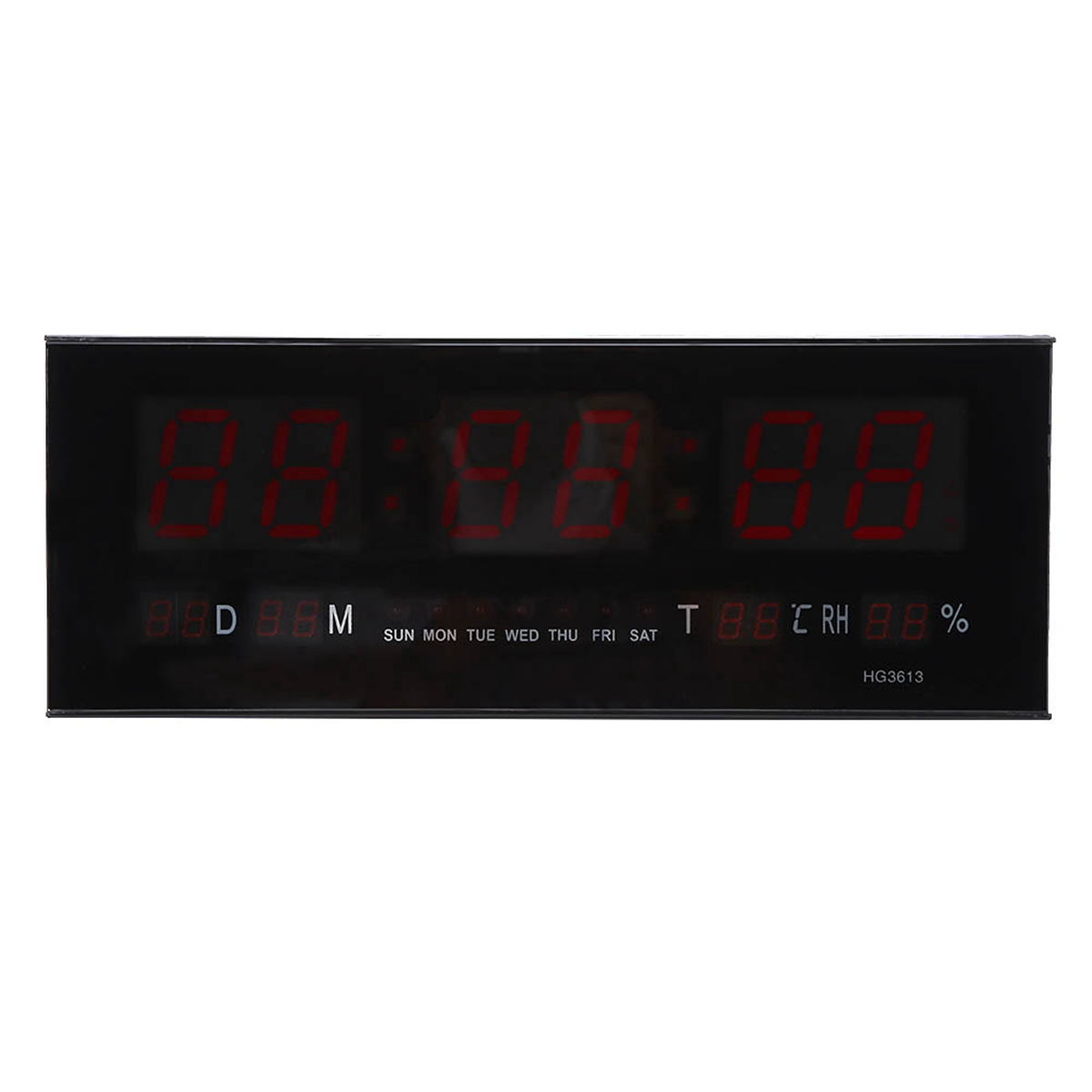 Schwarze Digitaluhr mit roten Ziffern, die Zeit, Datum und Temperatur anzeigen, mit schwarzem Rahmen.