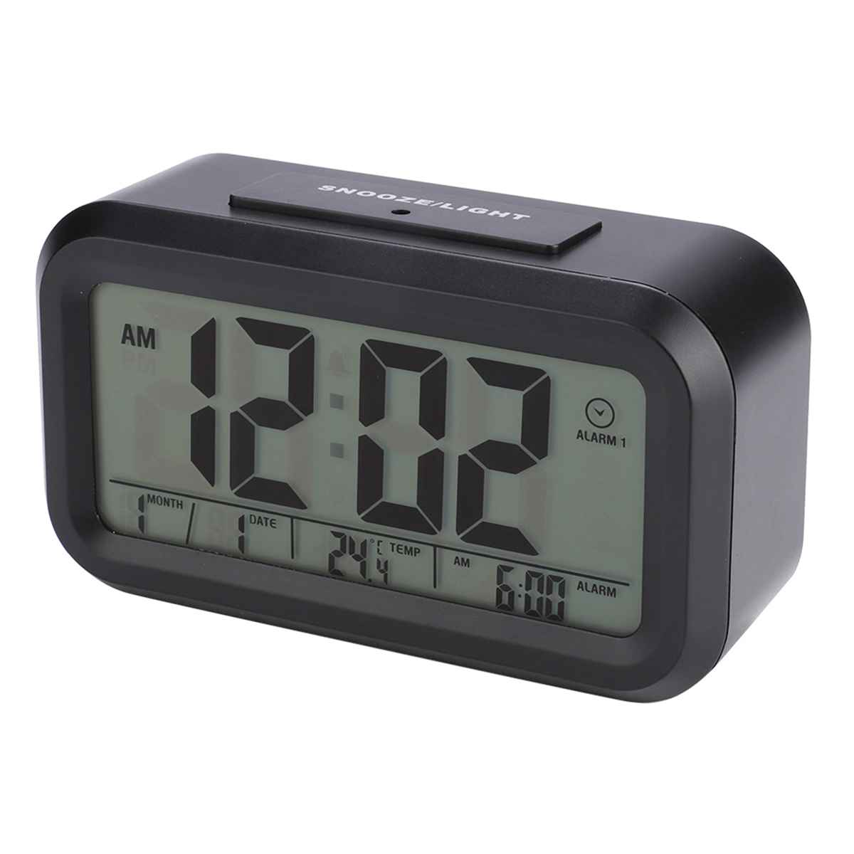 Schwarzer digitaler Wecker mit Anzeige von Uhrzeit, Datum und Temperatur, vor weißem Hintergrund.