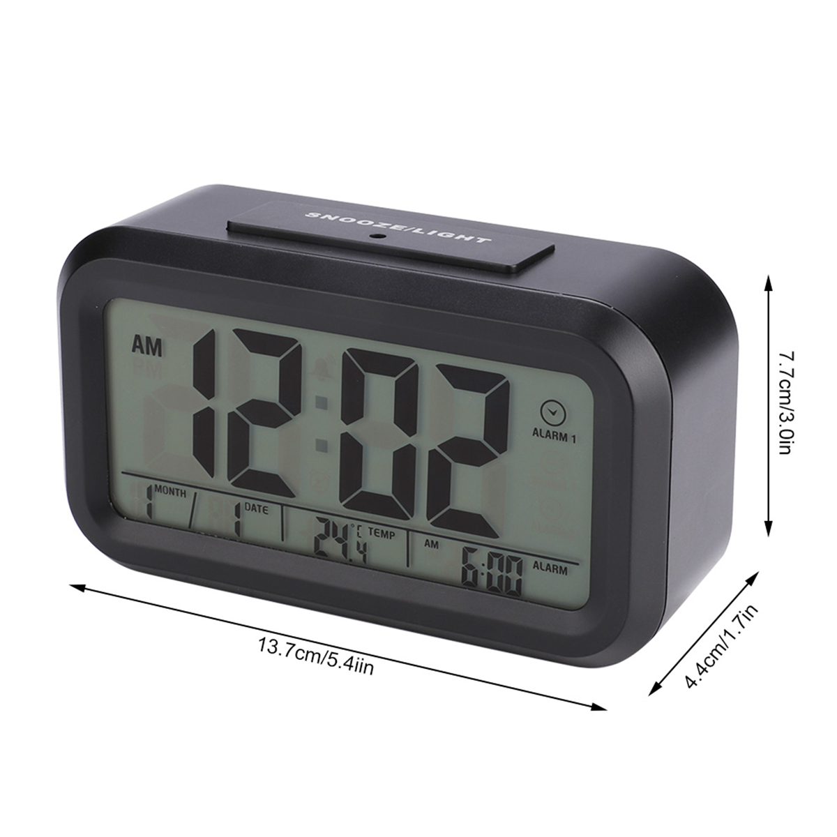 Schwarzer digitaler Wecker mit Zeit, Datum, Temperatur und Alarm. Zeigt Metriken in digitalem Format an.