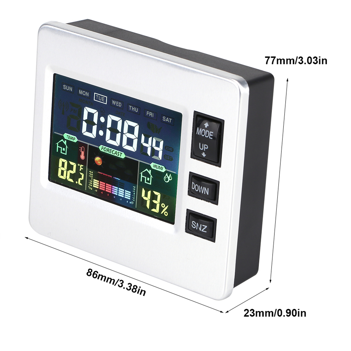 Eine digitale Wetterstation mit Temperatur-, Feuchtigkeits- und Zeitanzeige, mit Abmessungen.